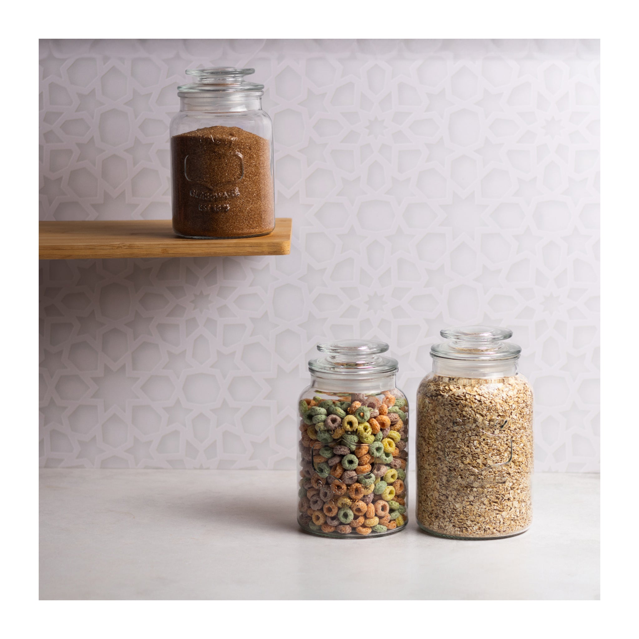 REGENT ROUND CANISTER `QUALITY` EMBOSSED WITH GLASS LID, 1L