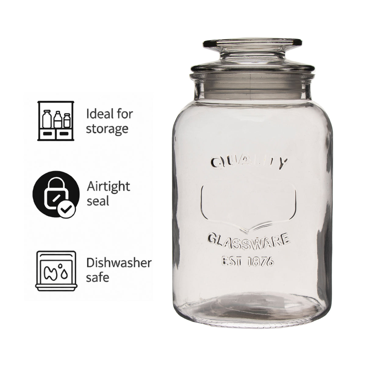 REGENT ROUND CANISTER `QUALITY` EMBOSSED WITH GLASS LID, 1,2L
