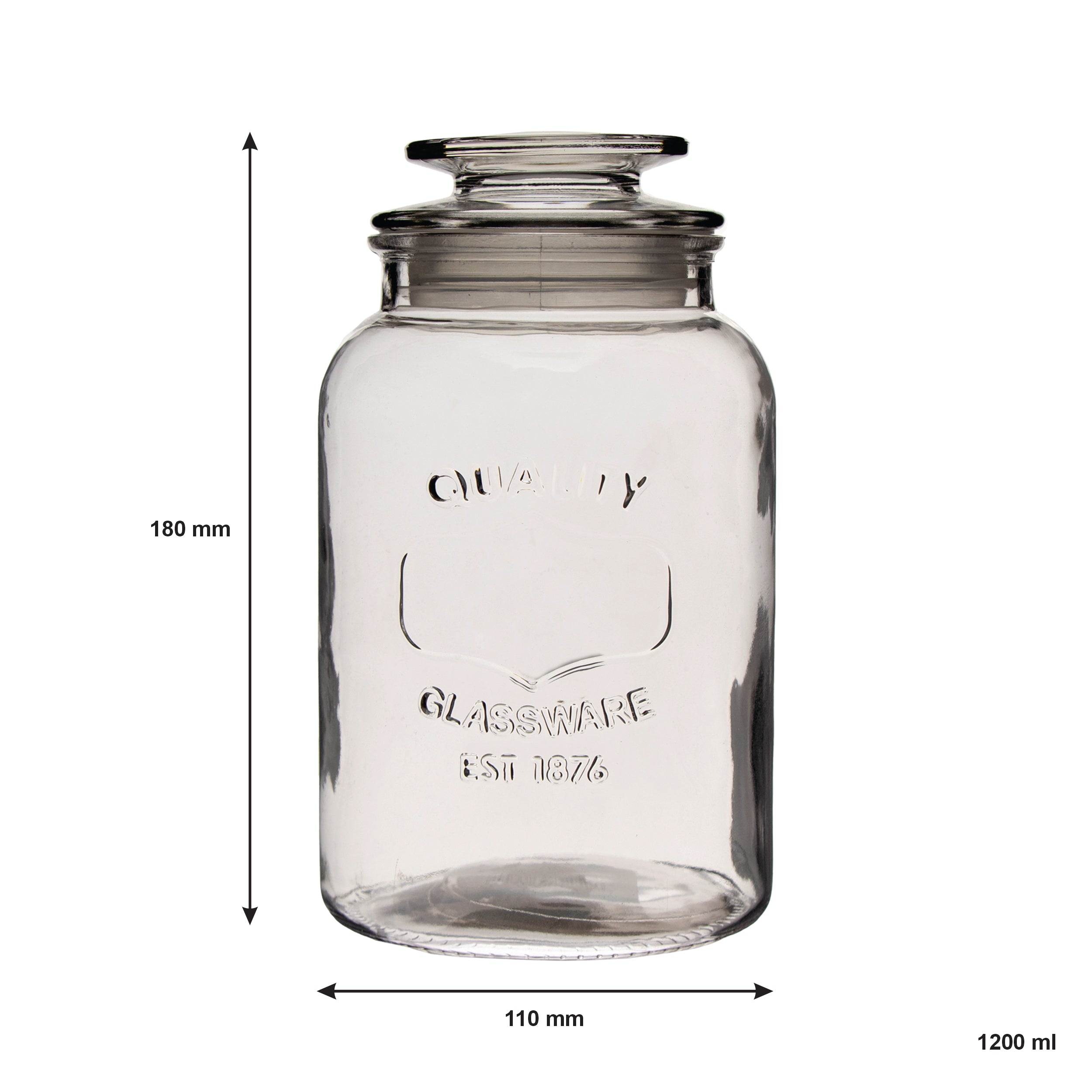REGENT ROUND CANISTER `QUALITY` EMBOSSED WITH GLASS LID, 1,2L