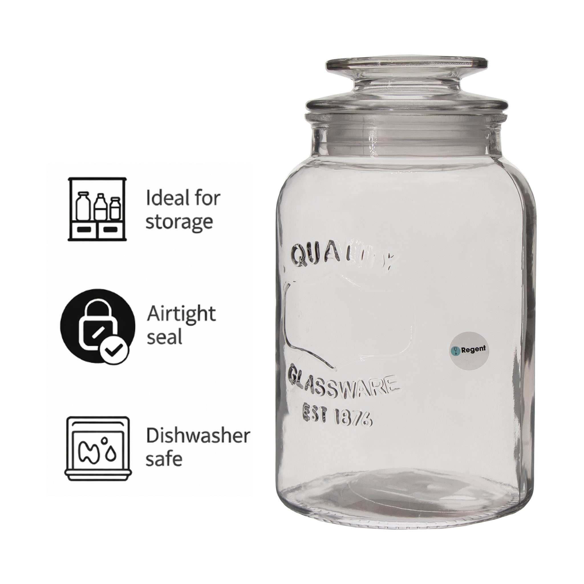 REGENT ROUND CANISTER `QUALITY` EMBOSSED WITH GLASS LID, 1,5L