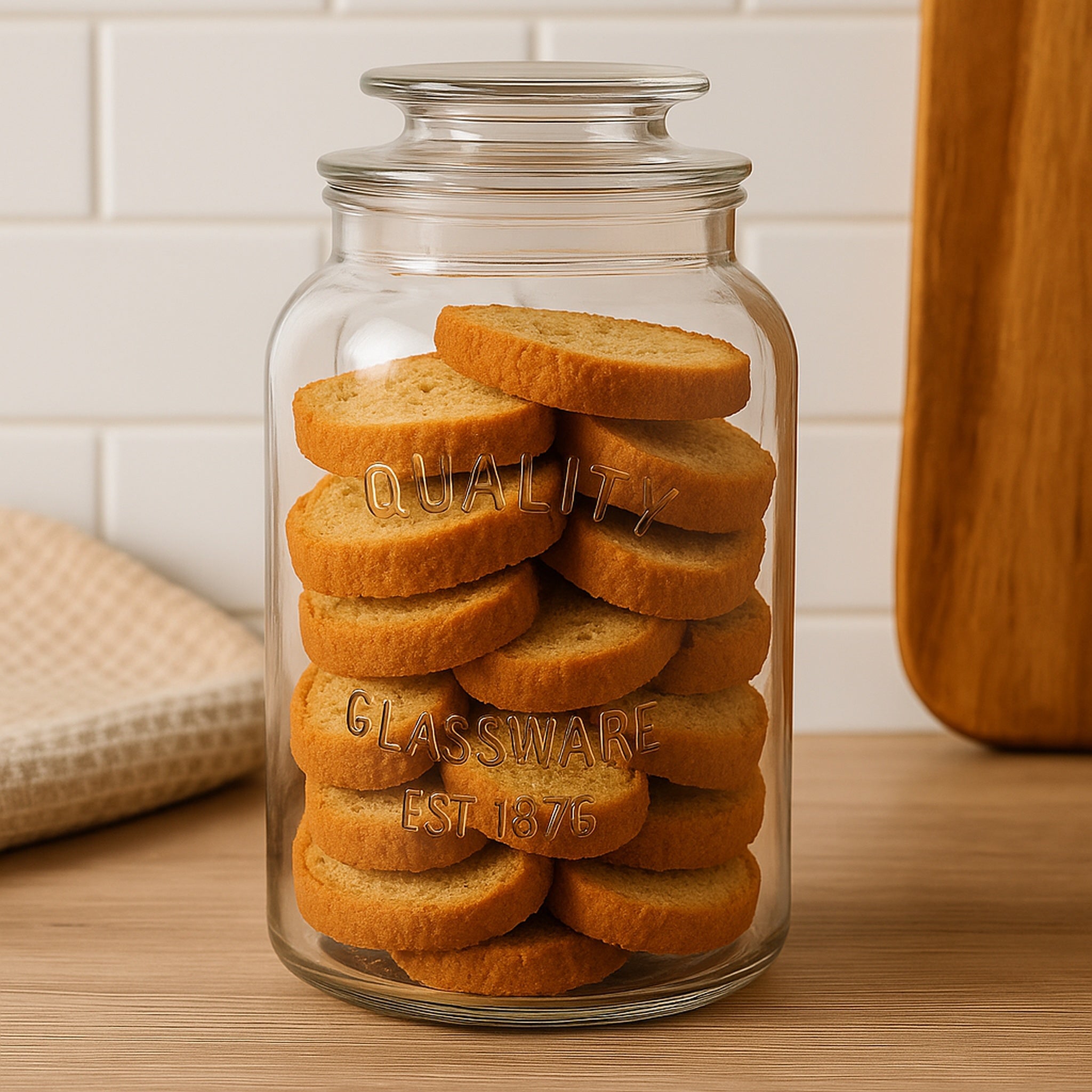 REGENT ROUND CANISTER `QUALITY` EMBOSSED WITH GLASS LID, 1,5L