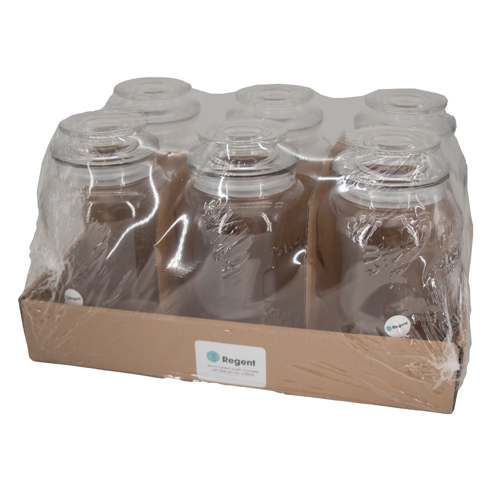 REGENT ROUND CANISTER `QUALITY` EMBOSSED WITH GLASS LID, 1,5L