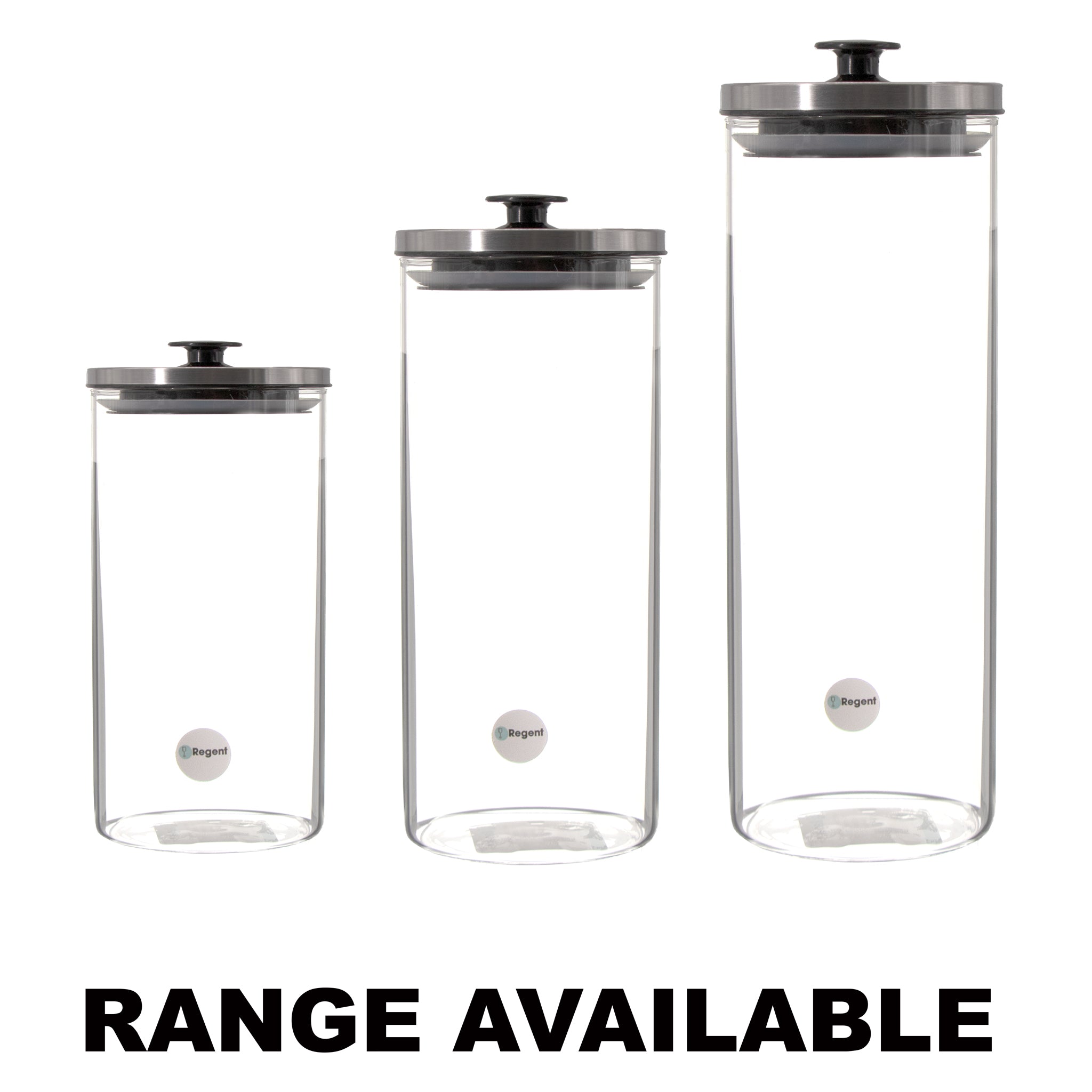 REGENT ROUND BOROCILICATE GLASS CANISTER WITH METAL LID AND BLACK KNOB, 1.3L