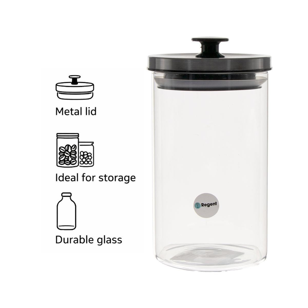 REGENT ROUND BOROCILICATE GLASS CANISTER WITH METAL LID AND BLACK KNOB, 950ML