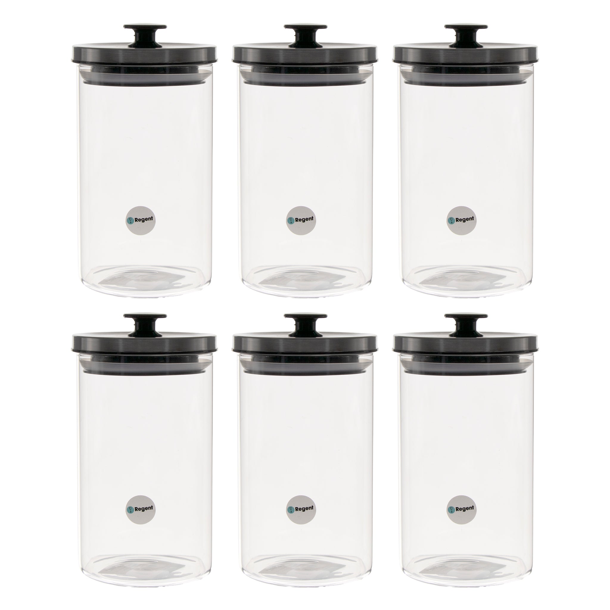 REGENT ROUND BOROCILICATE GLASS CANISTER WITH METAL LID AND BLACK KNOB, 950ML
