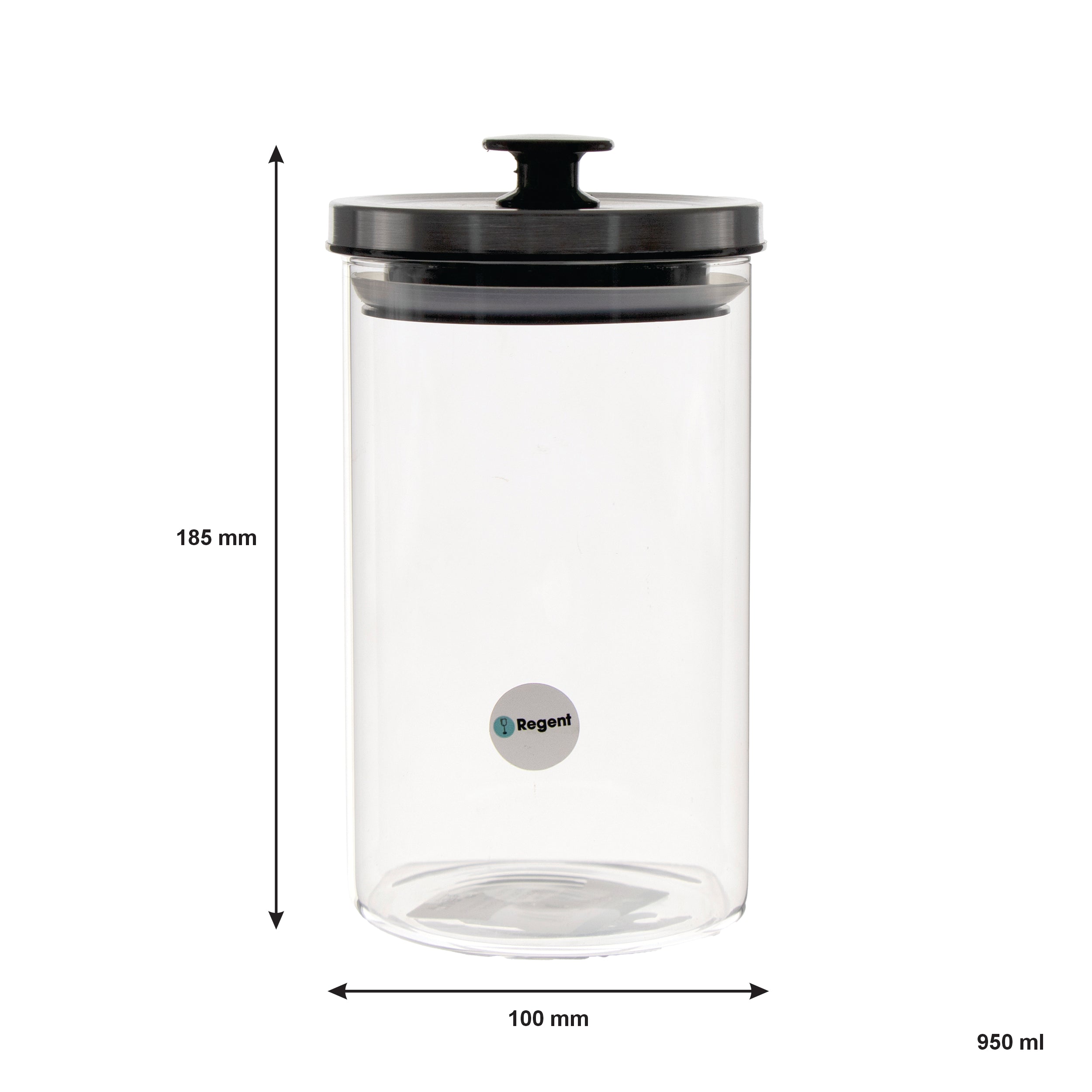 REGENT ROUND BOROCILICATE GLASS CANISTER WITH METAL LID AND BLACK KNOB, 950ML