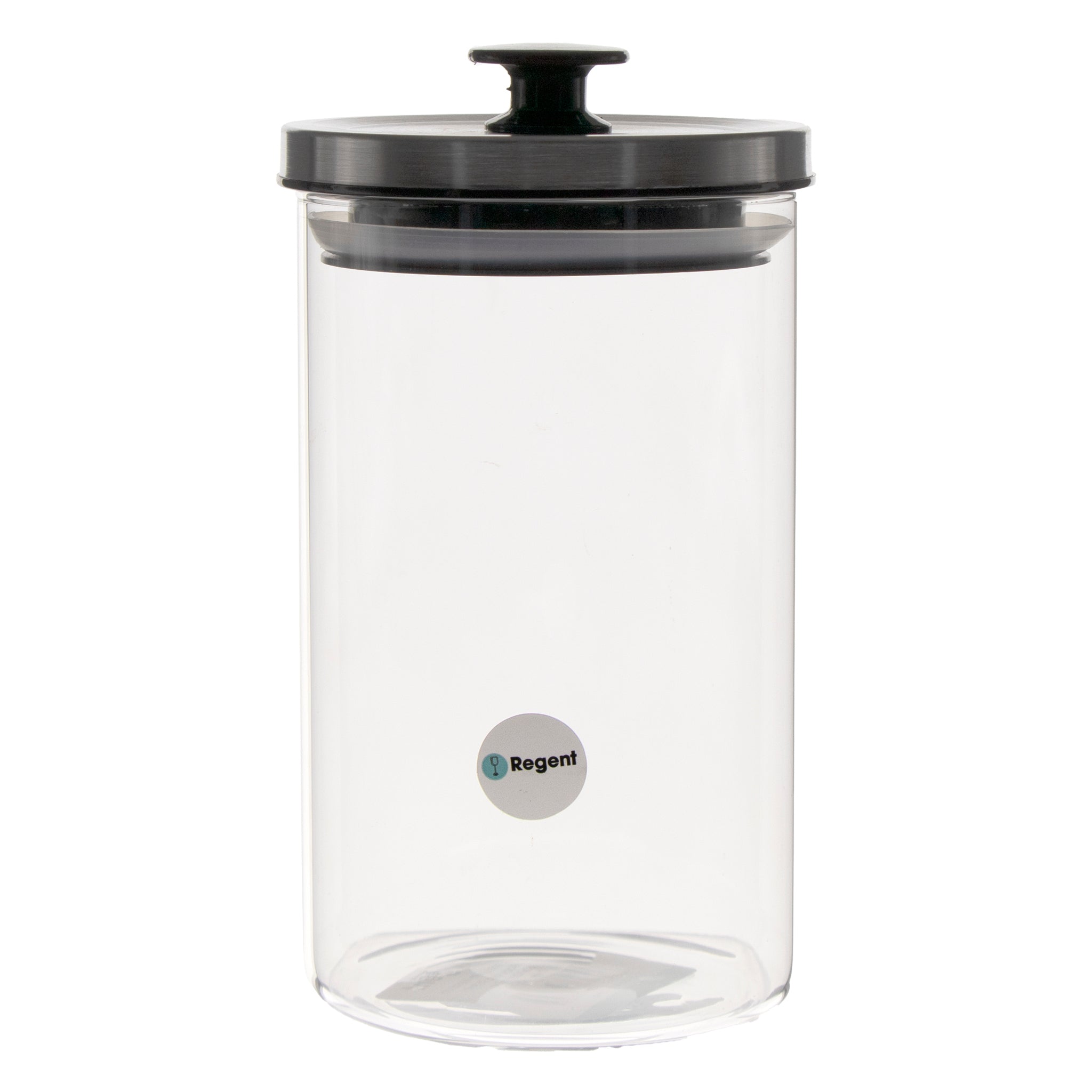 REGENT ROUND BOROCILICATE GLASS CANISTER WITH METAL LID AND BLACK KNOB, 950ML