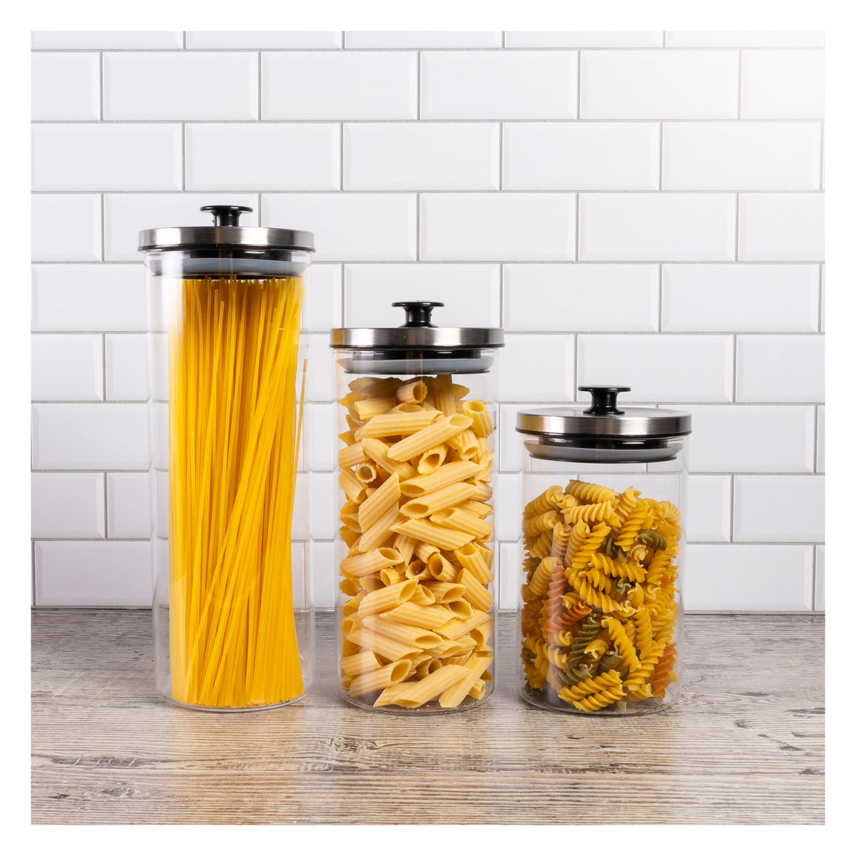 REGENT ROUND BOROCILICATE GLASS CANISTER WITH METAL LID AND BLACK KNOB, 950ML