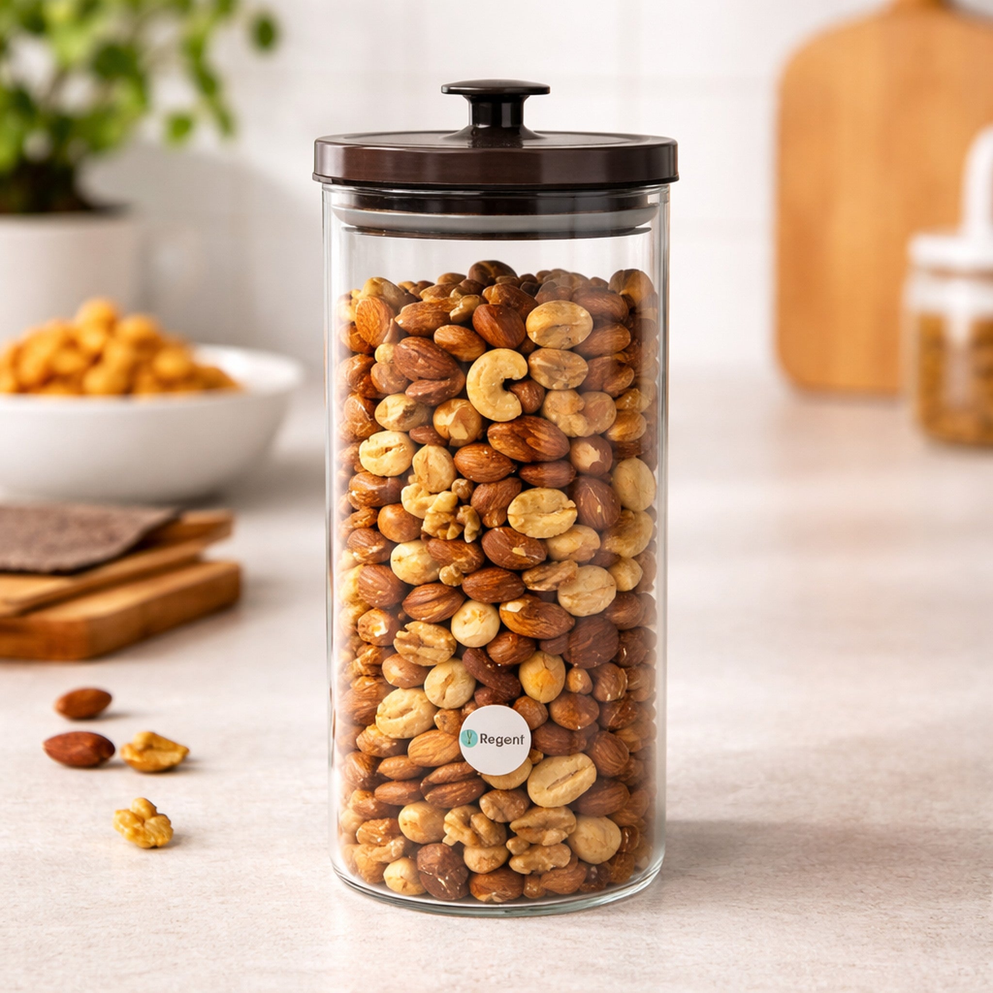 REGENT ROUND BOROCILICATE GLASS CANISTER WITH METAL LID AND BLACK KNOB, 1.3L