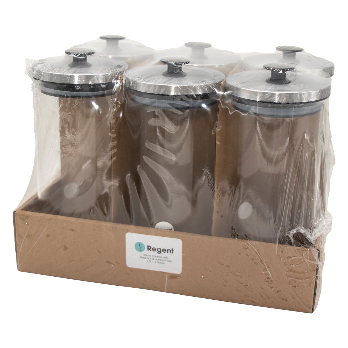 REGENT ROUND BOROCILICATE GLASS CANISTER WITH METAL LID AND BLACK KNOB, 1.3L