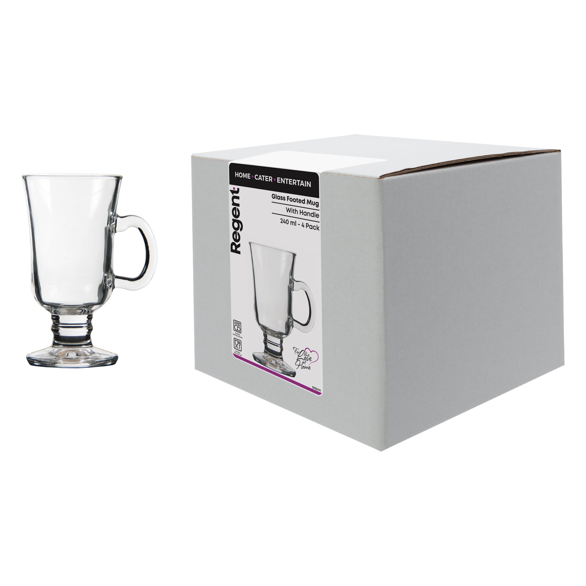 REGENT GLASS FOOTED MUGS WITH HANDLES 4PK, 240ML
