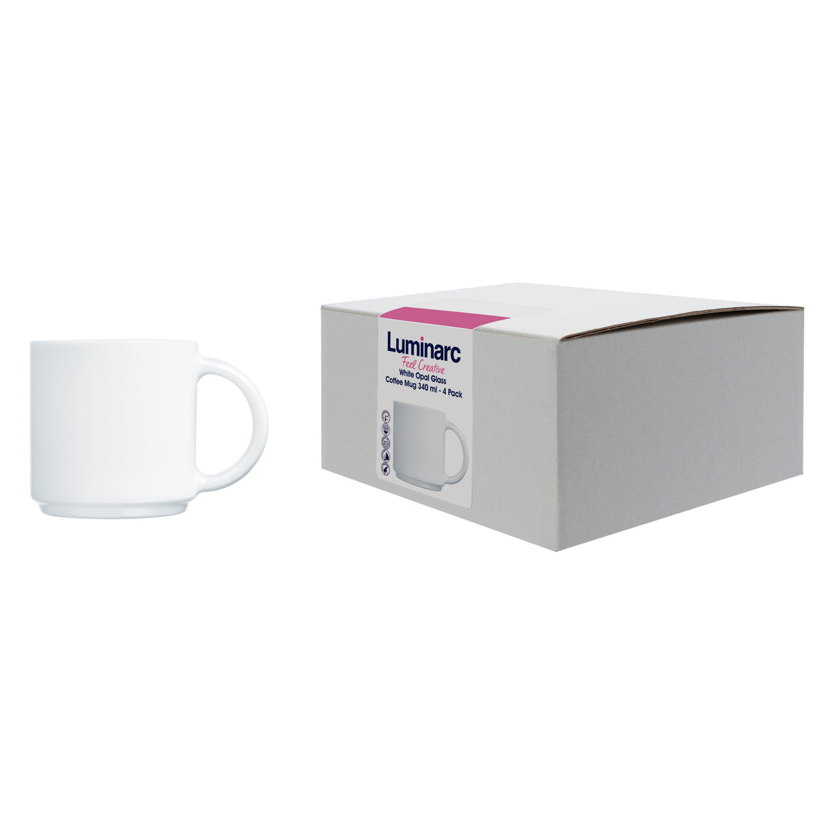 LUMINARC WHITE OPAL GLASS STACKING COFFEE MUGS 4PK, 340ML