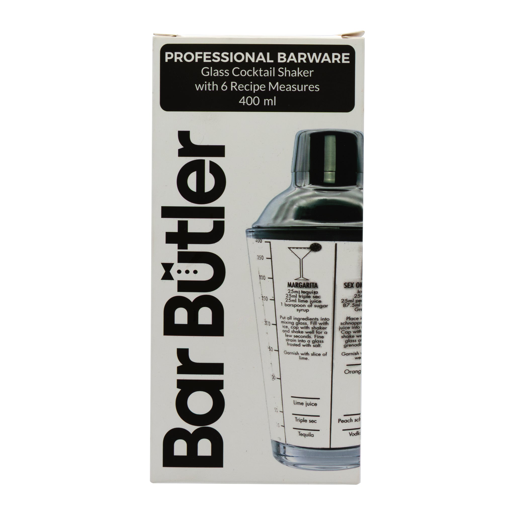 BAR BUTLER COCKTAIL SHAKER WITH 6 RECIPE MEASURES GLASS & ST STEEL, 400ML