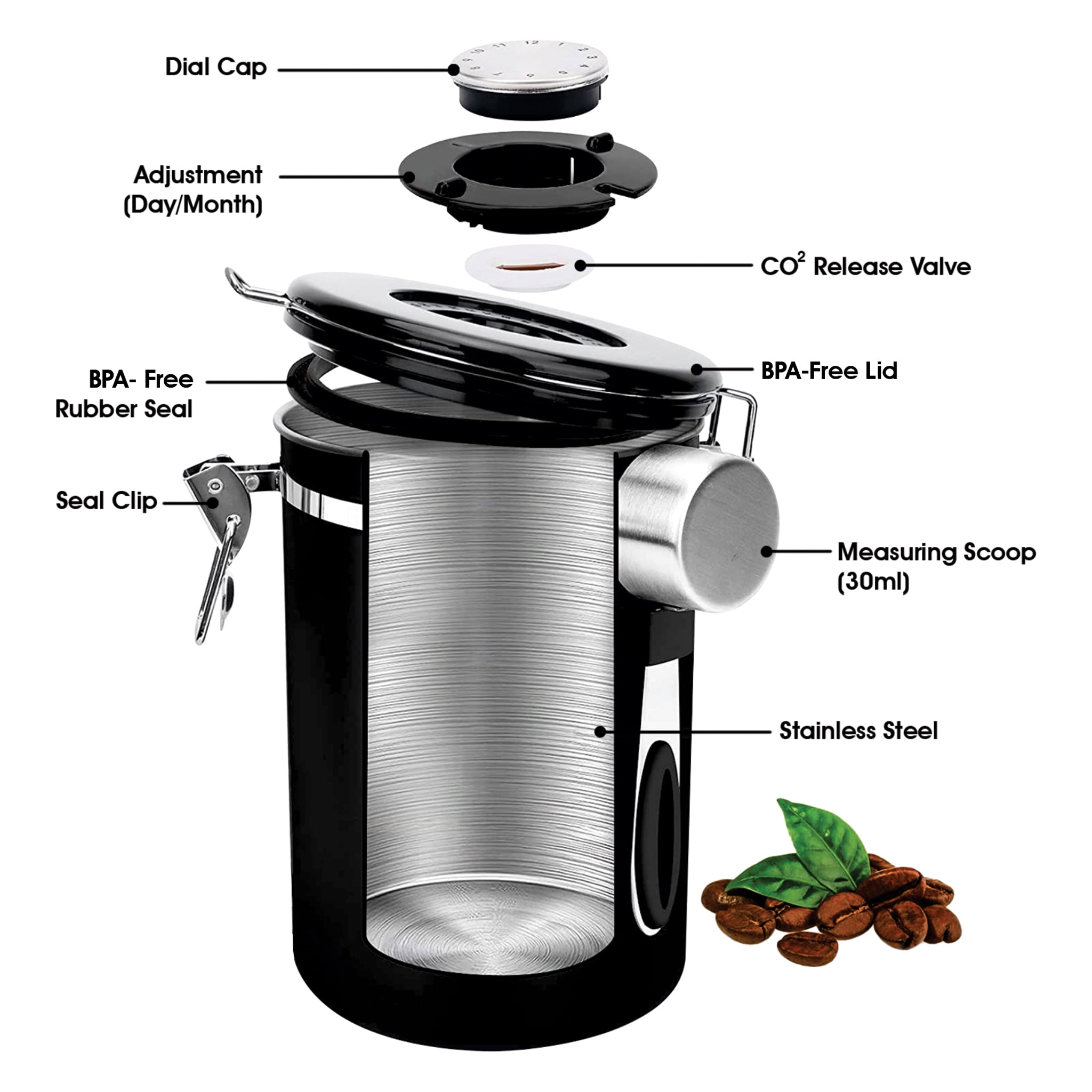 REGENT COFFEE AIRTIGHT STORAGE CANISTER STAINLESS STEEL BLACK, 1.5L