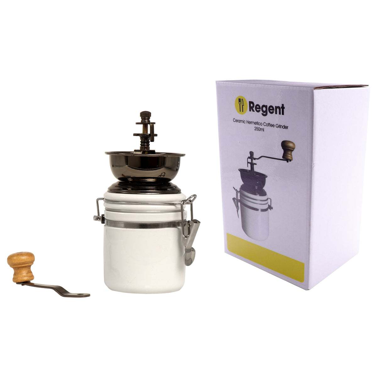 REGENT COFFEE GRINDER WITH WHITE CERAMIC HERMETIC STORAGE CANISTER, 250ML