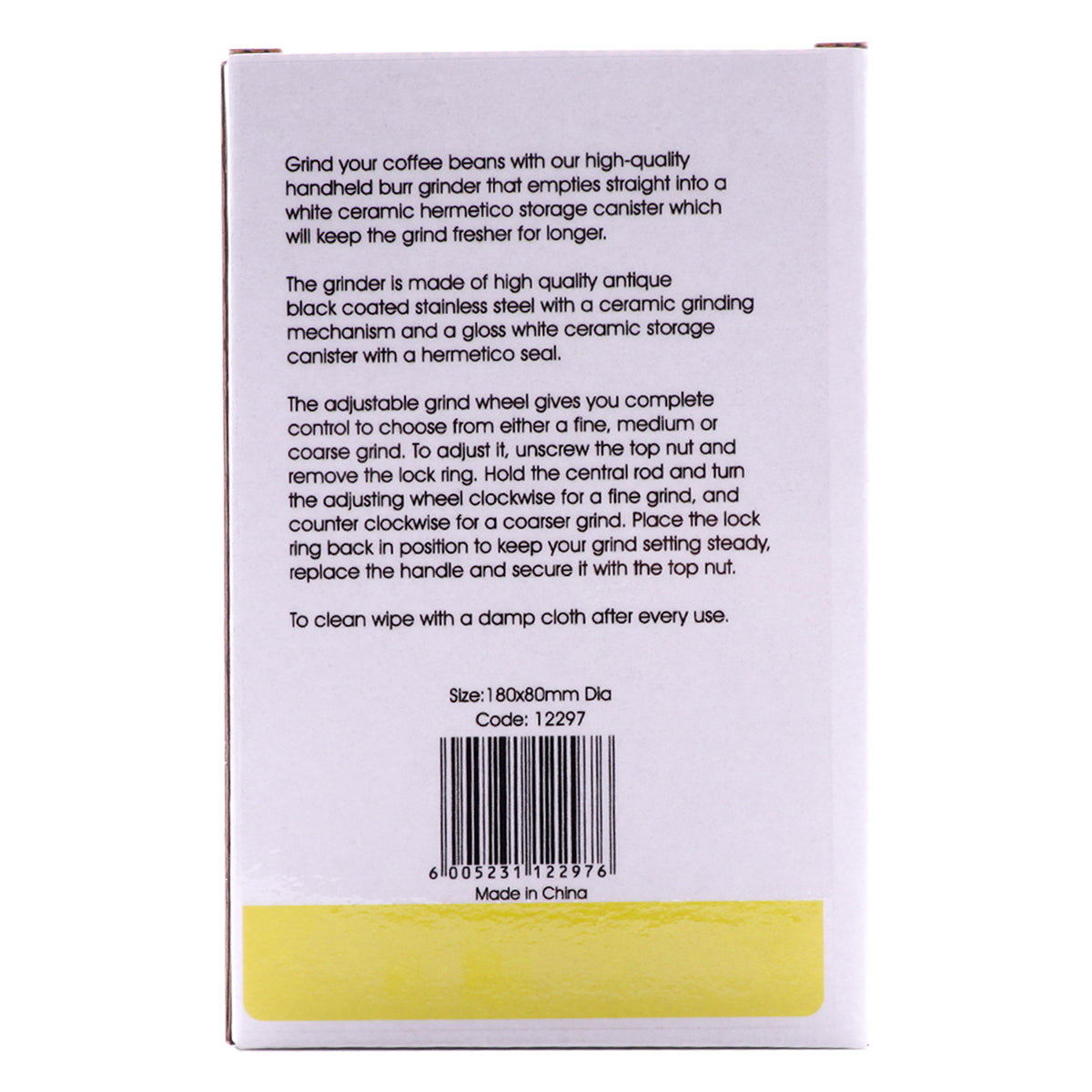 REGENT COFFEE GRINDER WITH WHITE CERAMIC HERMETIC STORAGE CANISTER, 250ML