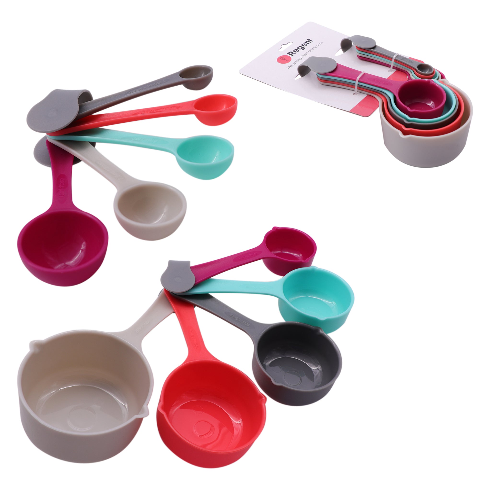 REGENT BAKEWARE MEASURING CUPS & SPOONS COLOURED PLASTIC 10PC SET
