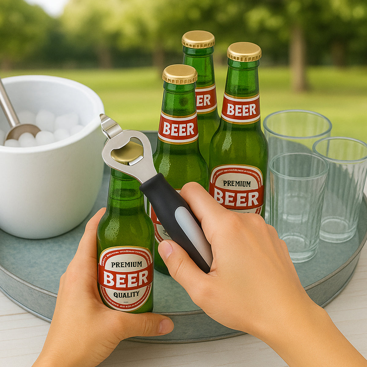 REGENT PREMIUM CAN AND BOTTLE OPENER STAINLESS STEEL WITH PP+SS BLACK HANDLE, 200MM