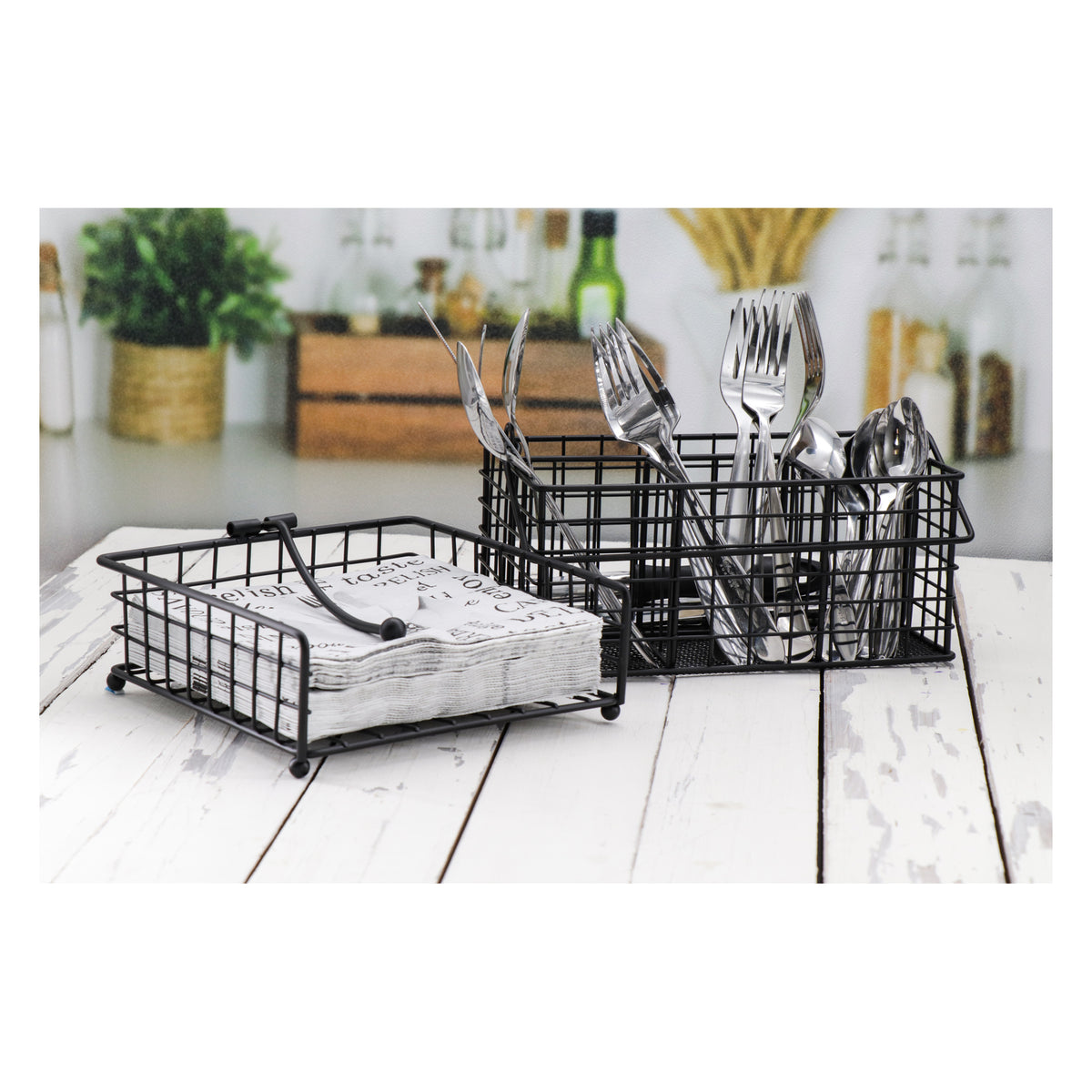 REGENT KITCHEN WIRE CUTLERY CADDY WITH HANDLE POWDER COATED BLACK