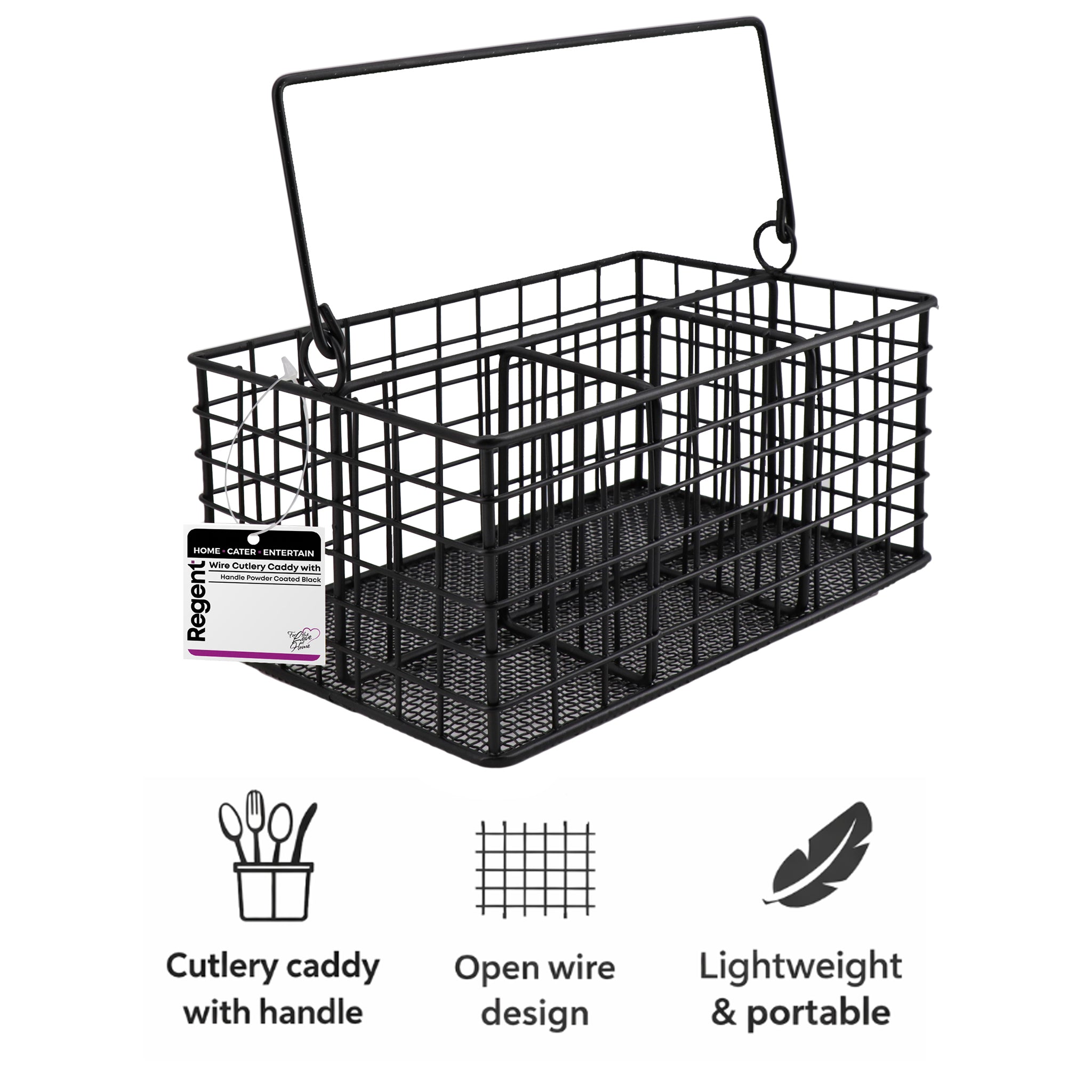 REGENT KITCHEN WIRE CUTLERY CADDY WITH HANDLE POWDER COATED BLACK