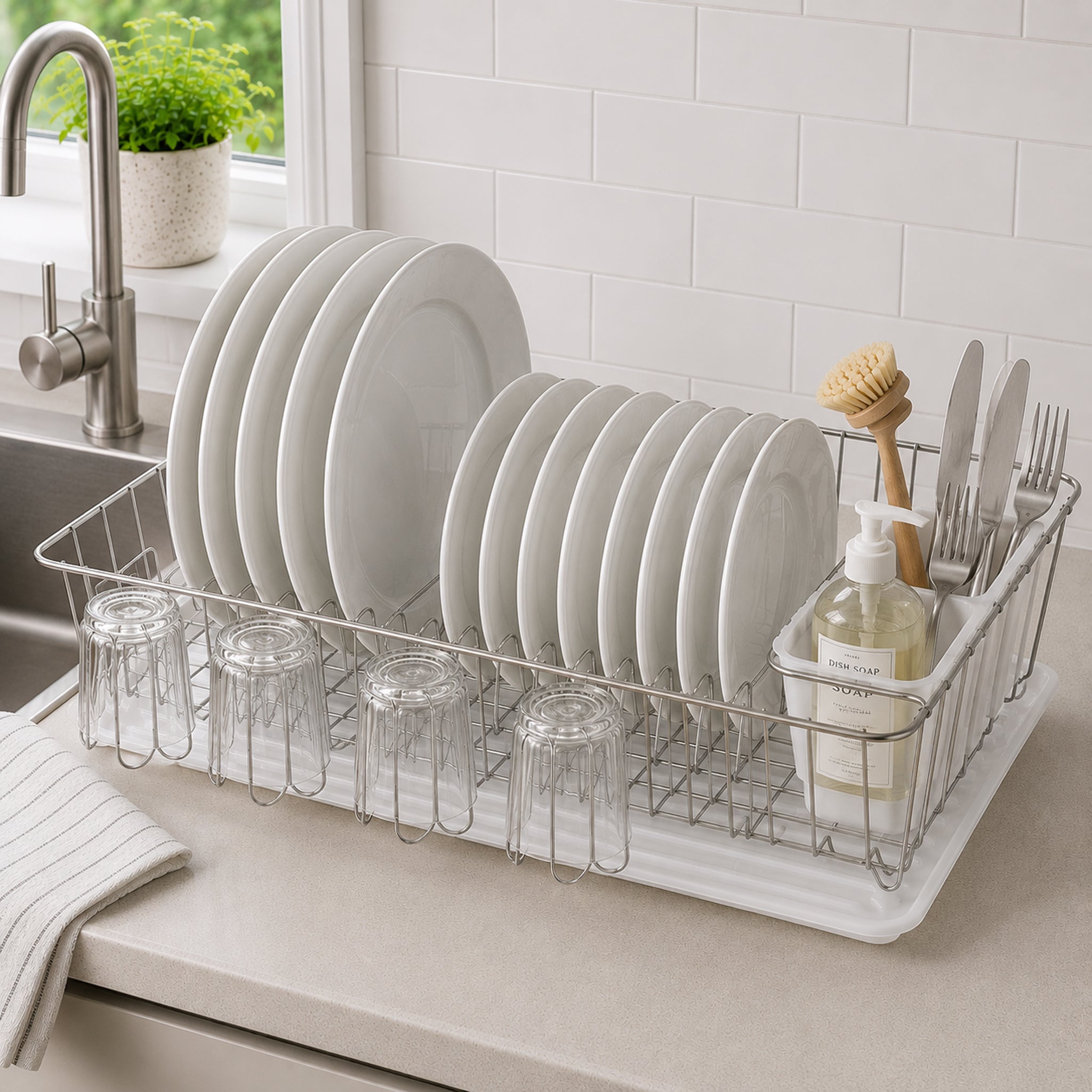 REGENT CHROME DISH RACK WITH PLASTIC UTENSIL HOLDER AND TRAY