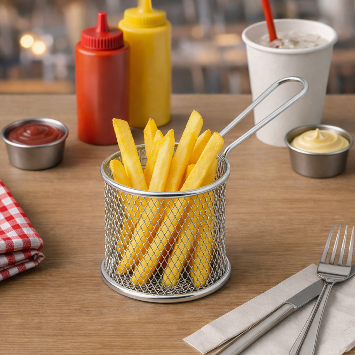 REGENT CHROME CHIP SERVER ROUND FRYER BASKET WITH HANDLE, 80MM DIA