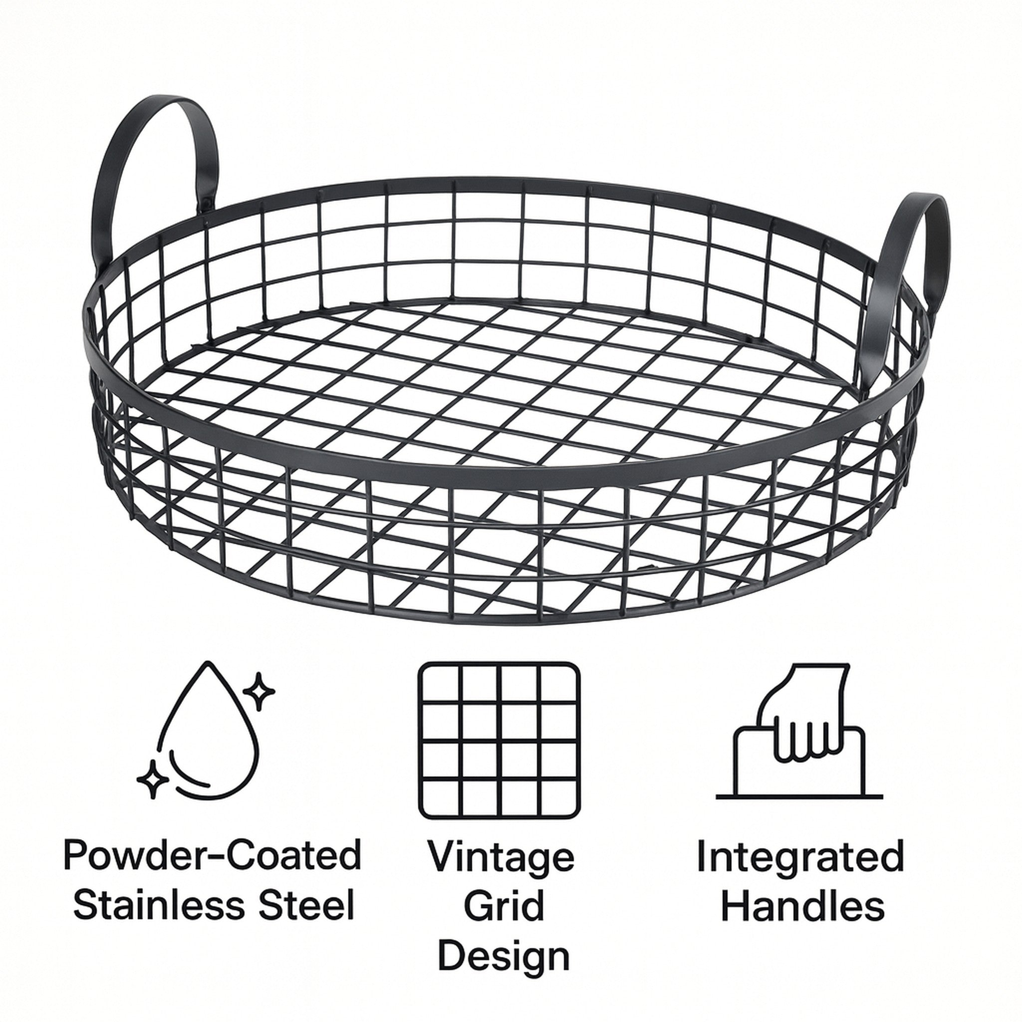 REGENT KITCHEN VINTAGE ROUND WIRE GRID TRAY WITH HANDLES POWDER COATED BLACK, 360MM DIA