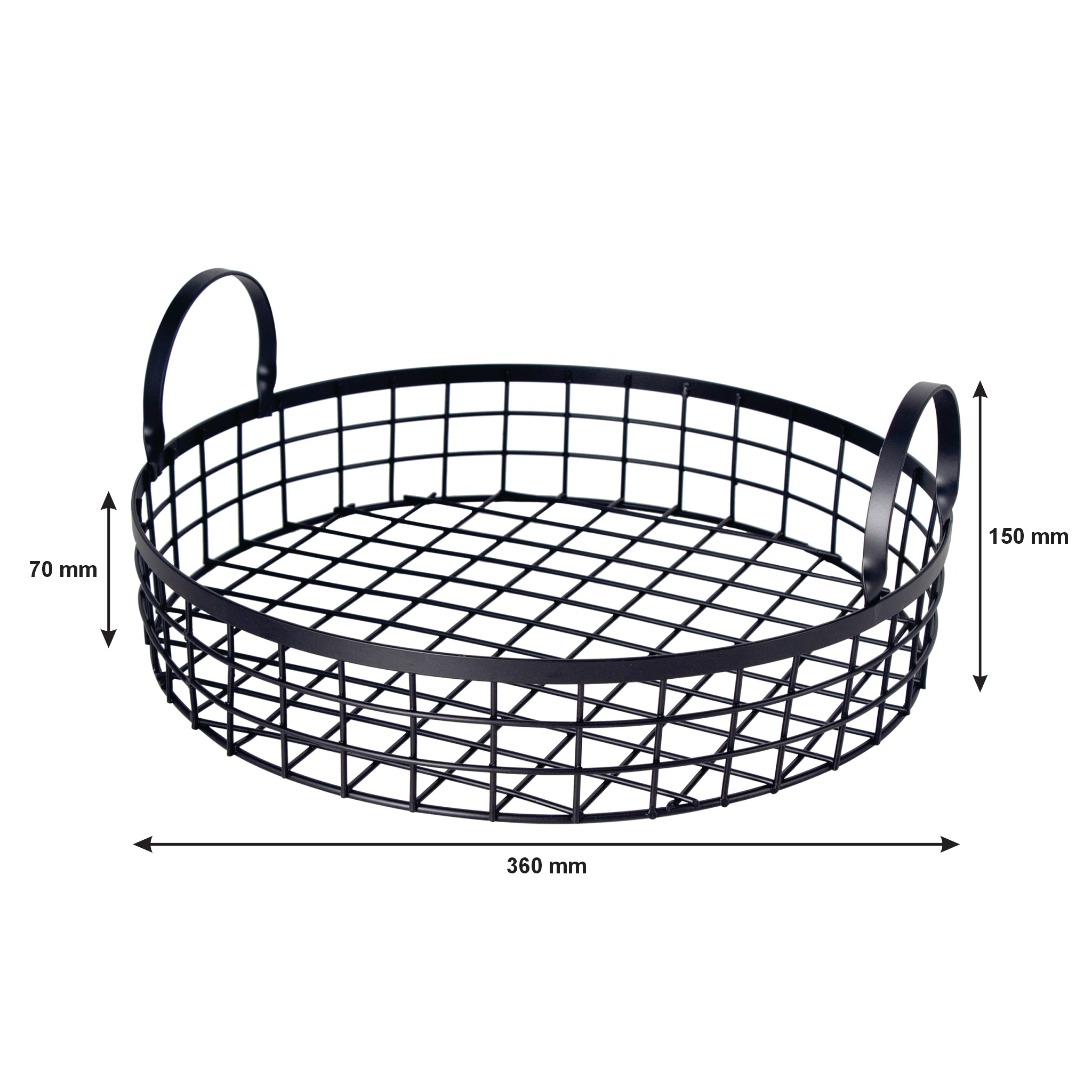 REGENT KITCHEN VINTAGE ROUND WIRE GRID TRAY WITH HANDLES POWDER COATED BLACK, 360MM DIA