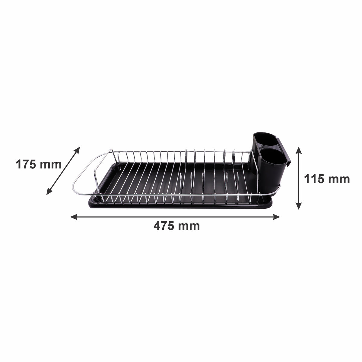 REGENT CHROME COMPACT DISH RACK WITH BLACK PLASTIC CUTLERY HOLDER AND TRAY, 475X175MM