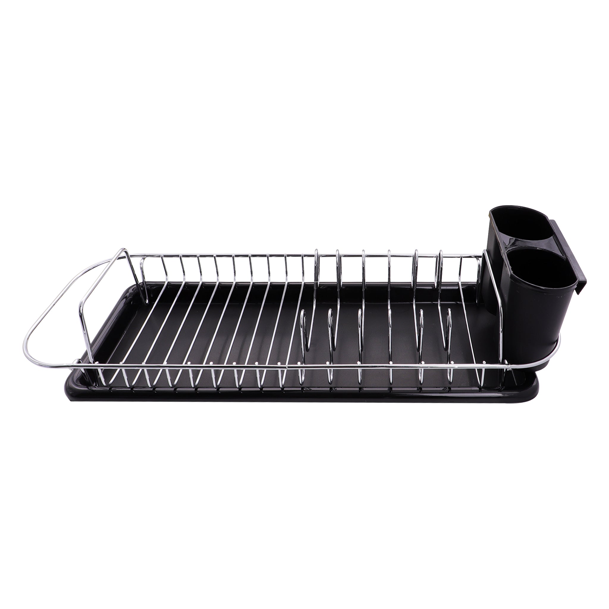 REGENT CHROME COMPACT DISH RACK WITH BLACK PLASTIC CUTLERY HOLDER AND TRAY, 475X175MM