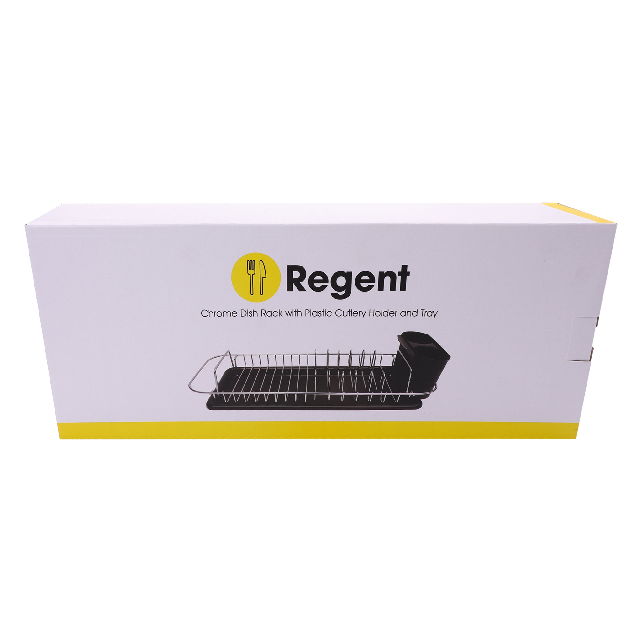 REGENT CHROME COMPACT DISH RACK WITH BLACK PLASTIC CUTLERY HOLDER AND TRAY, 475X175MM