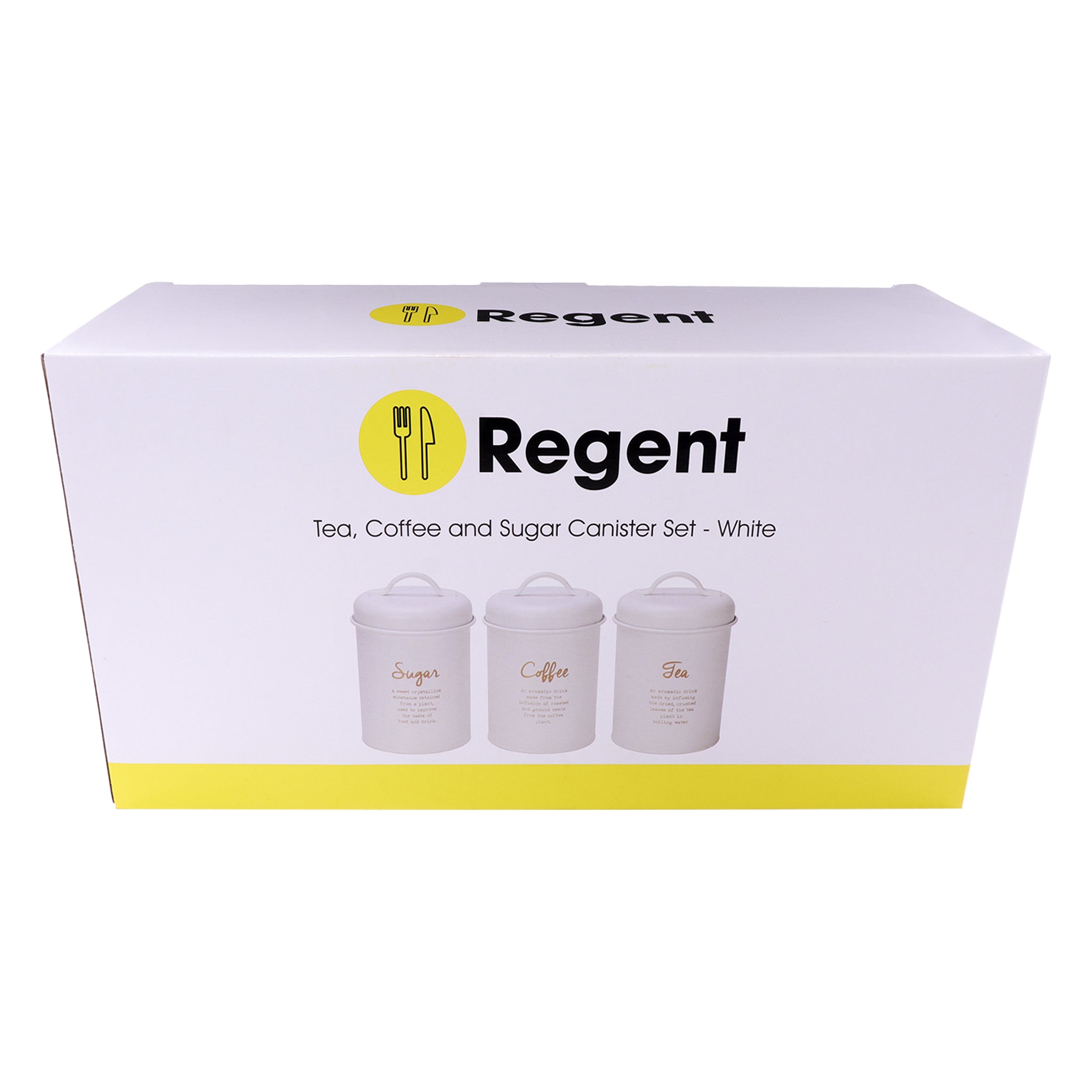 REGENT SUGAR, COFFEE AND TEA CANISTERS WHITE WITH GOLD PRINT 3PK SET