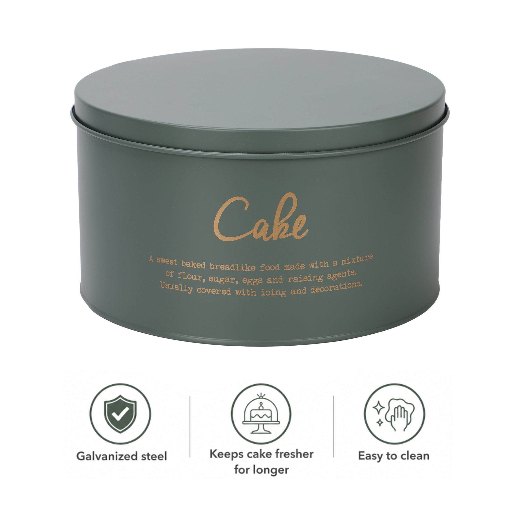 REGENT CAKE TIN GREEN WITH GOLD PRINTING, 250MM DIA