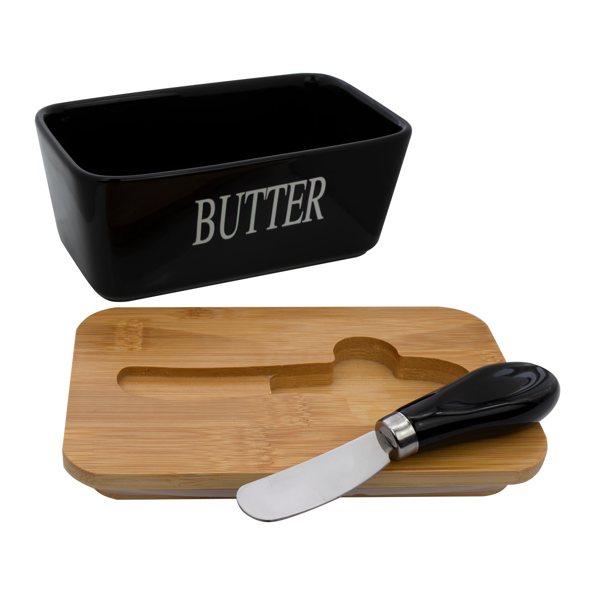 REGENT CERAMIC BUTTER DISH BLACK WITH BAMBOO LID AND SS KNIFE, 175X103MM