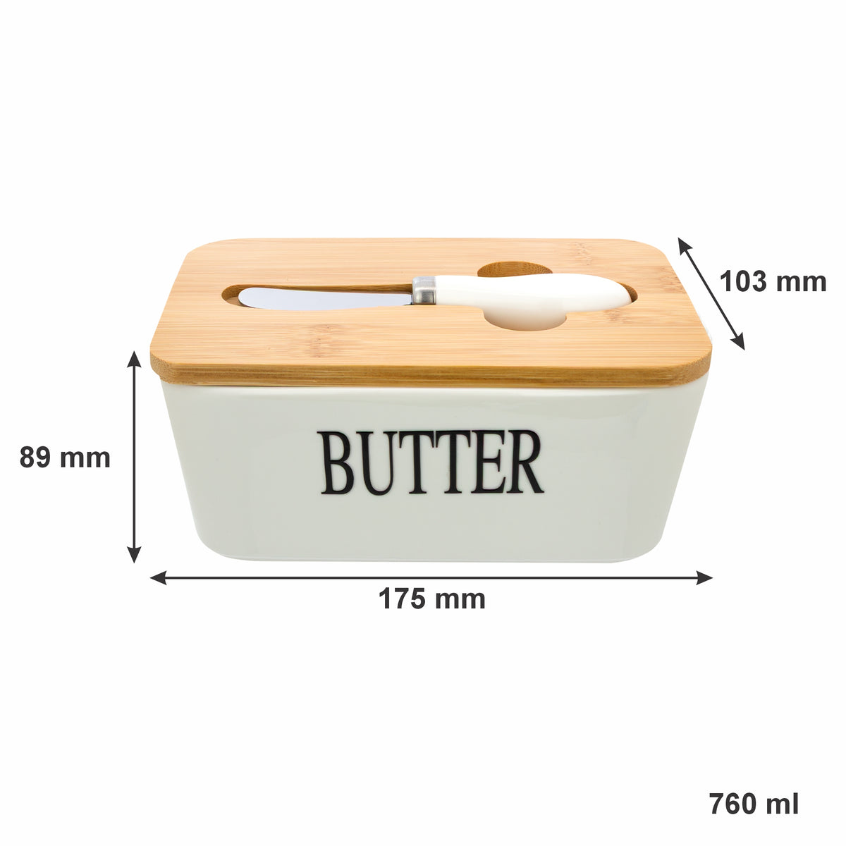 REGENT CERAMIC BUTTER DISH WHITE WITH BAMBOO LID AND SS KNIFE, 175X103MM