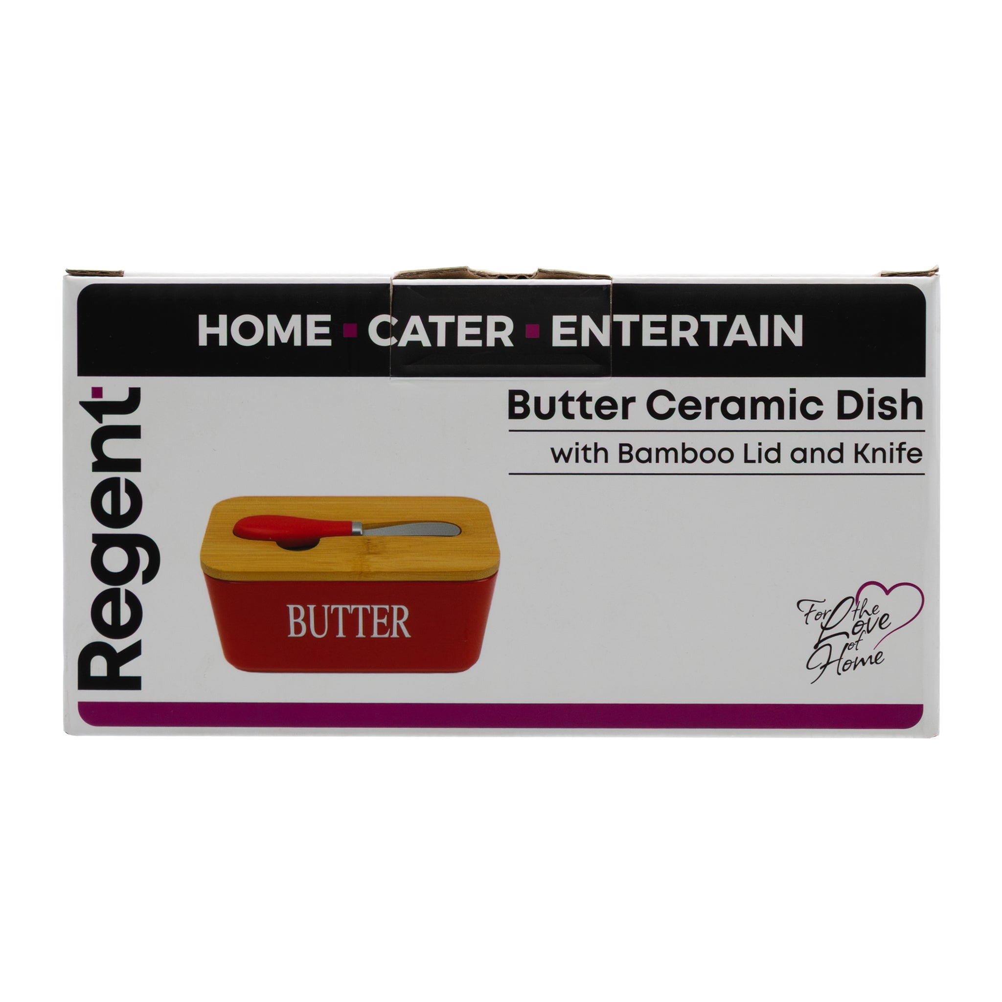 REGENT CERAMIC BUTTER DISH RED WITH BAMBOO LID AND SS KNIFE, 175X103MM