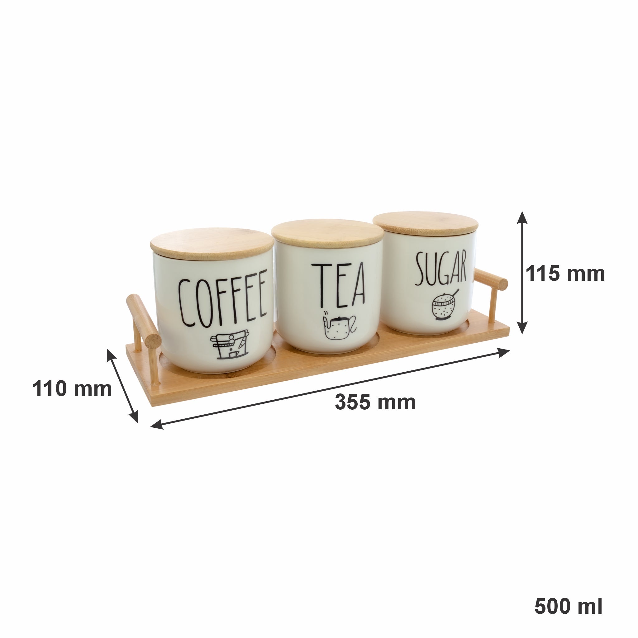 REGENT CERAMIC COFFEE, SUGAR & TEA JARS WITH BAMBOO LIDS ON A TRAY 7 PCS SET, 600ML