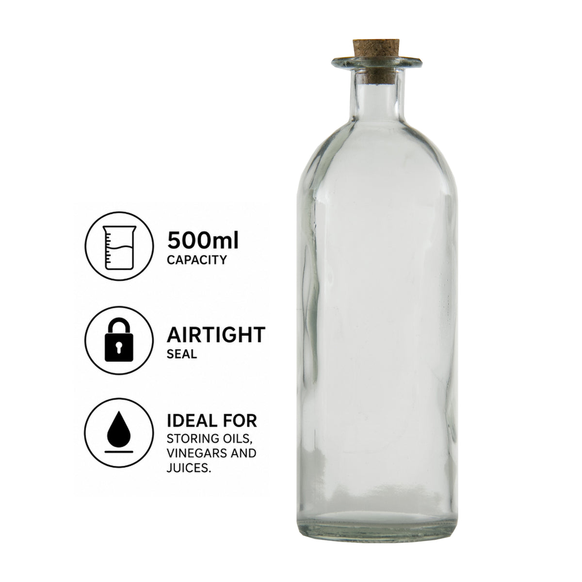 REGENT GLASS BOTTLE WITH CORK LID, 500ML