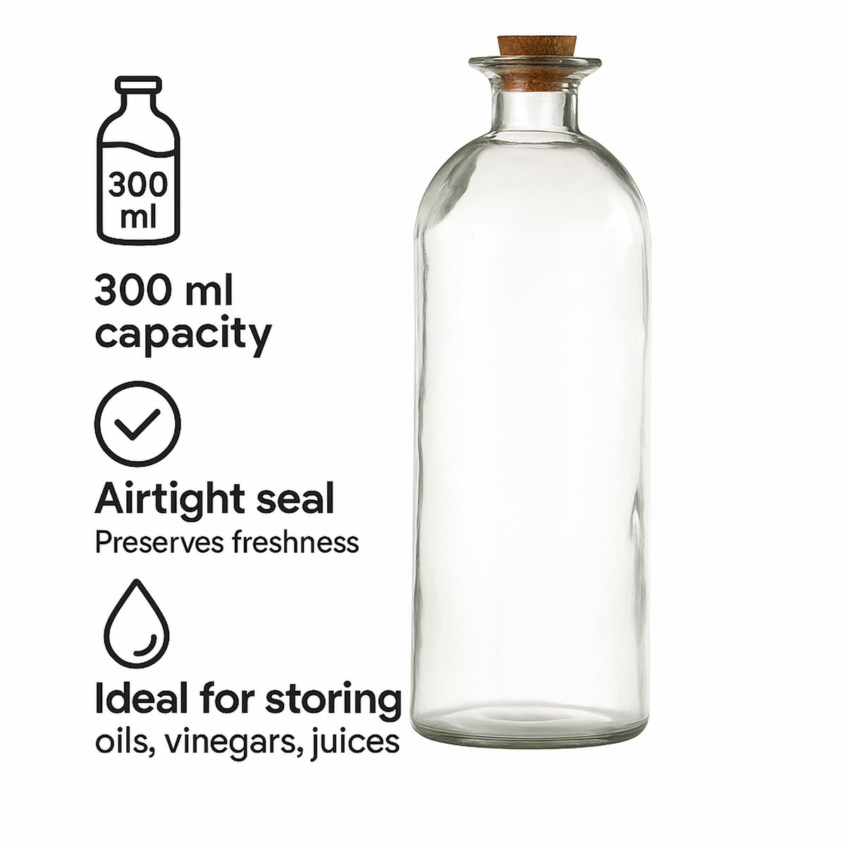 REGENT GLASS BOTTLE WITH CORK LID, 300ML