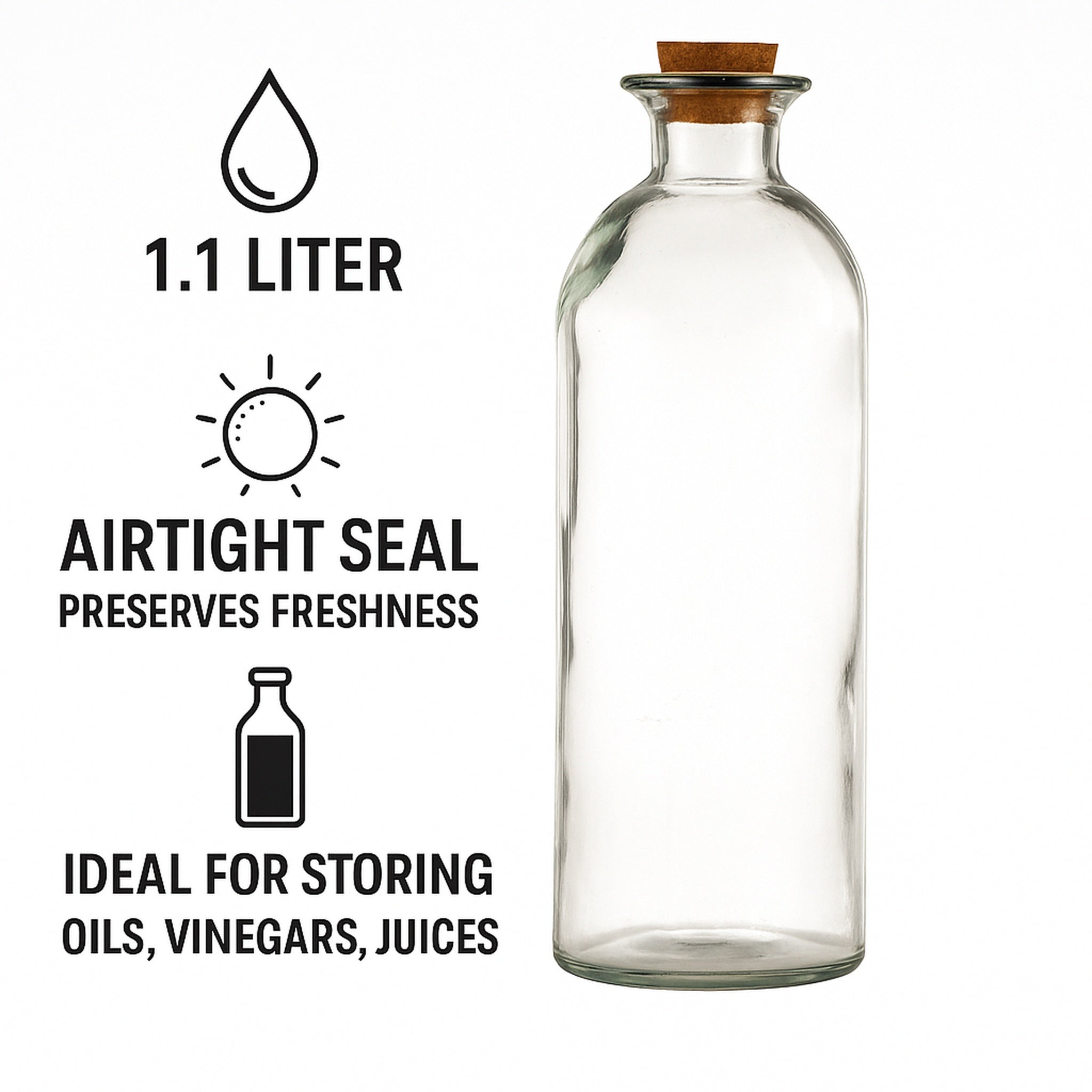 REGENT GLASS BOTTLE WITH CORK LID, 1.1L