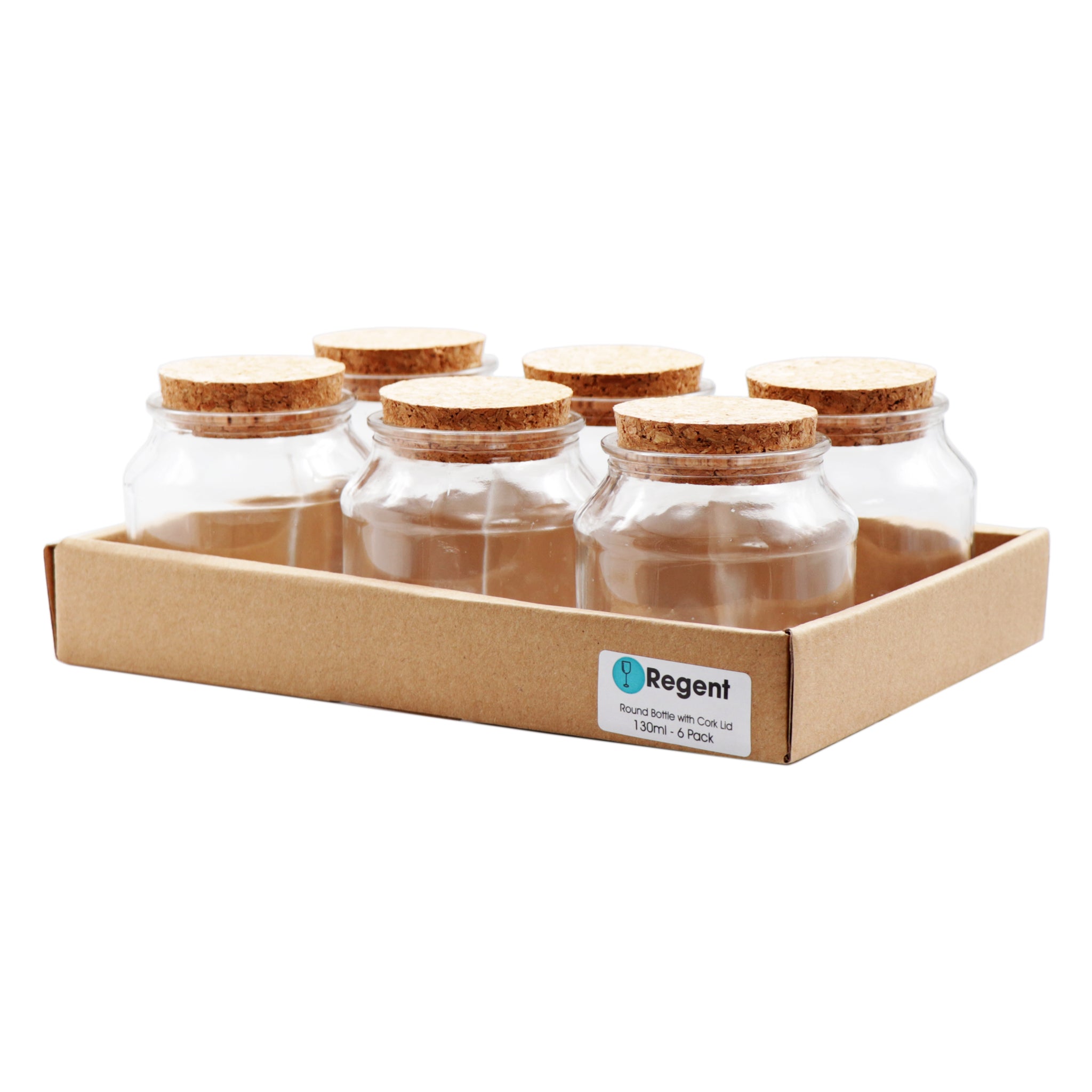 REGENT GLASS ROUND JARS WITH CORK LID 6PK, 130ML