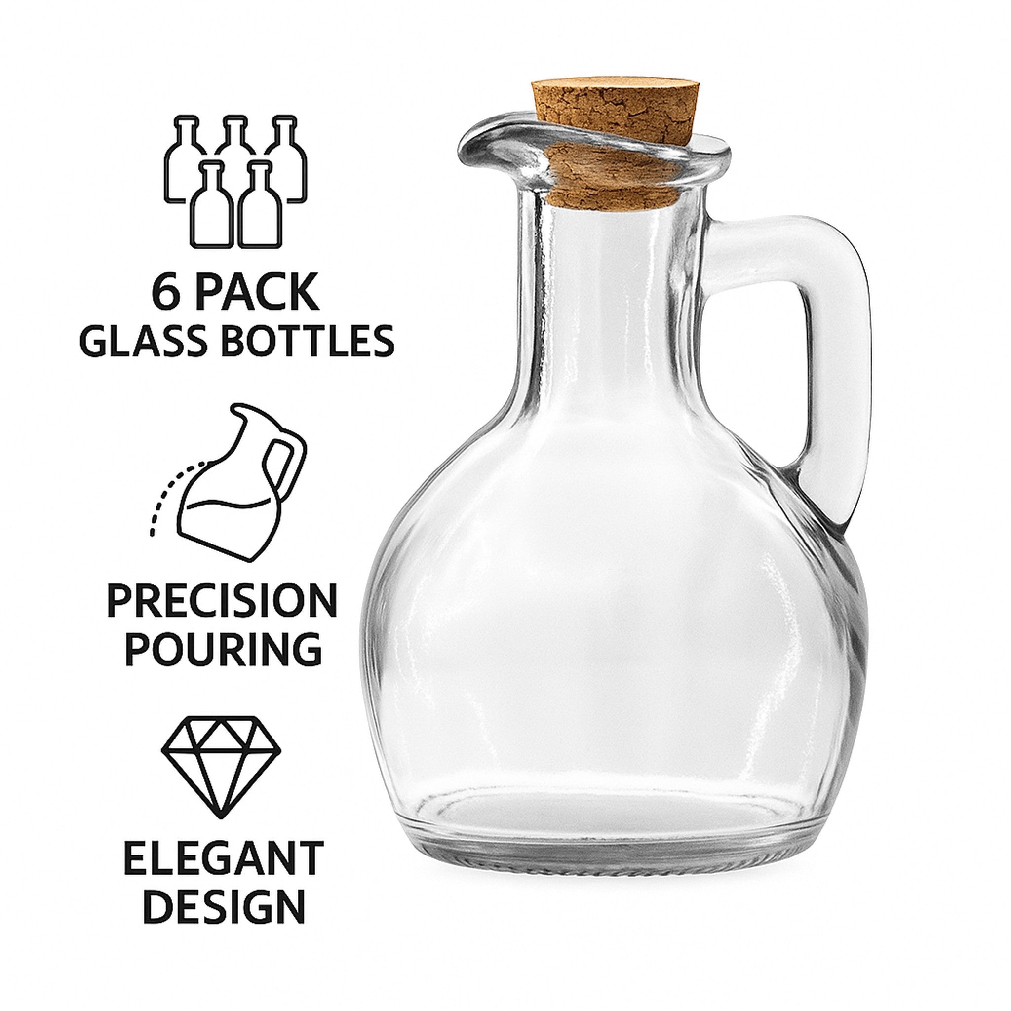 REGENT GLASS OIL/VINEGAR BOTTLES ROUND WITH HANDLE & CORK LIDS 6PK, 170ML