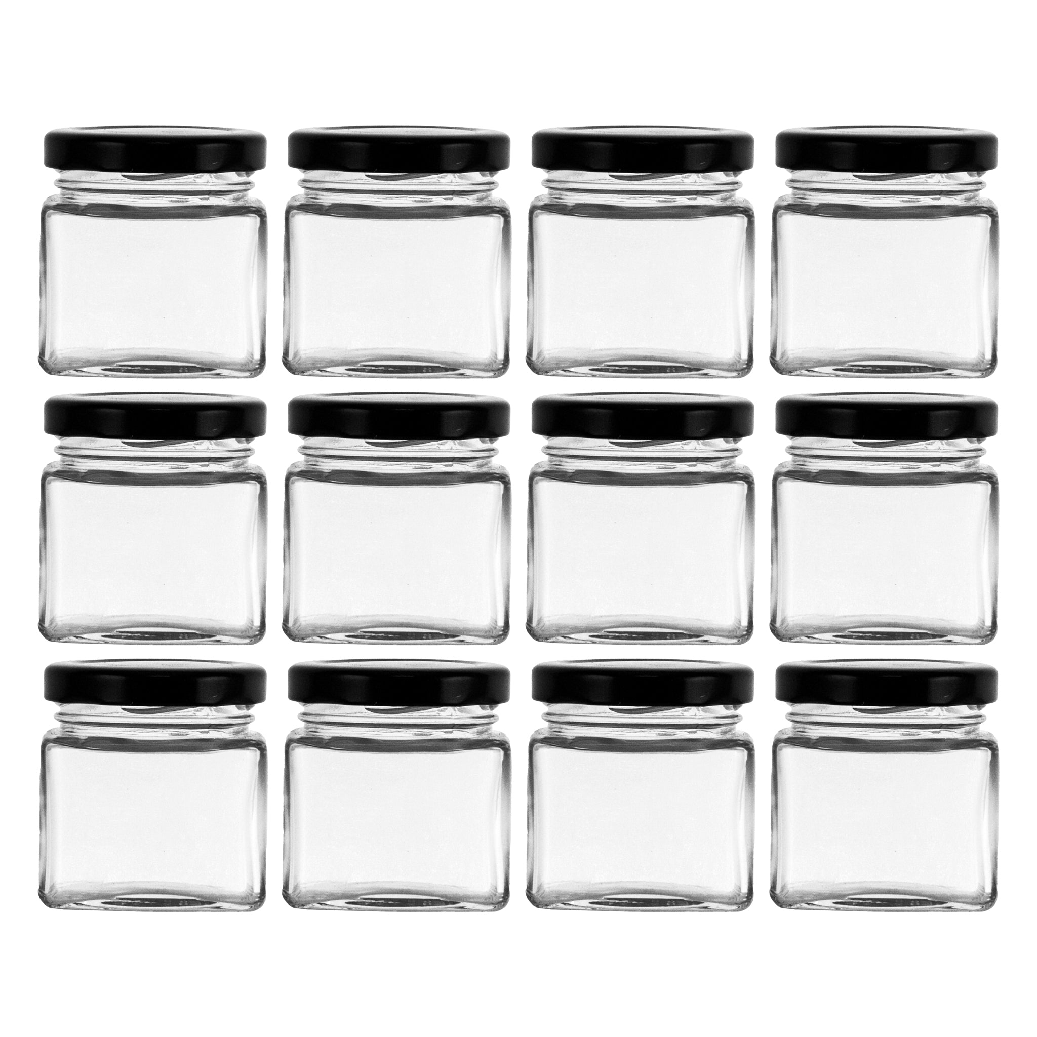 REGENT GLASS SQUARE JARS WITH BLACK LIDS 12PK, 80ML