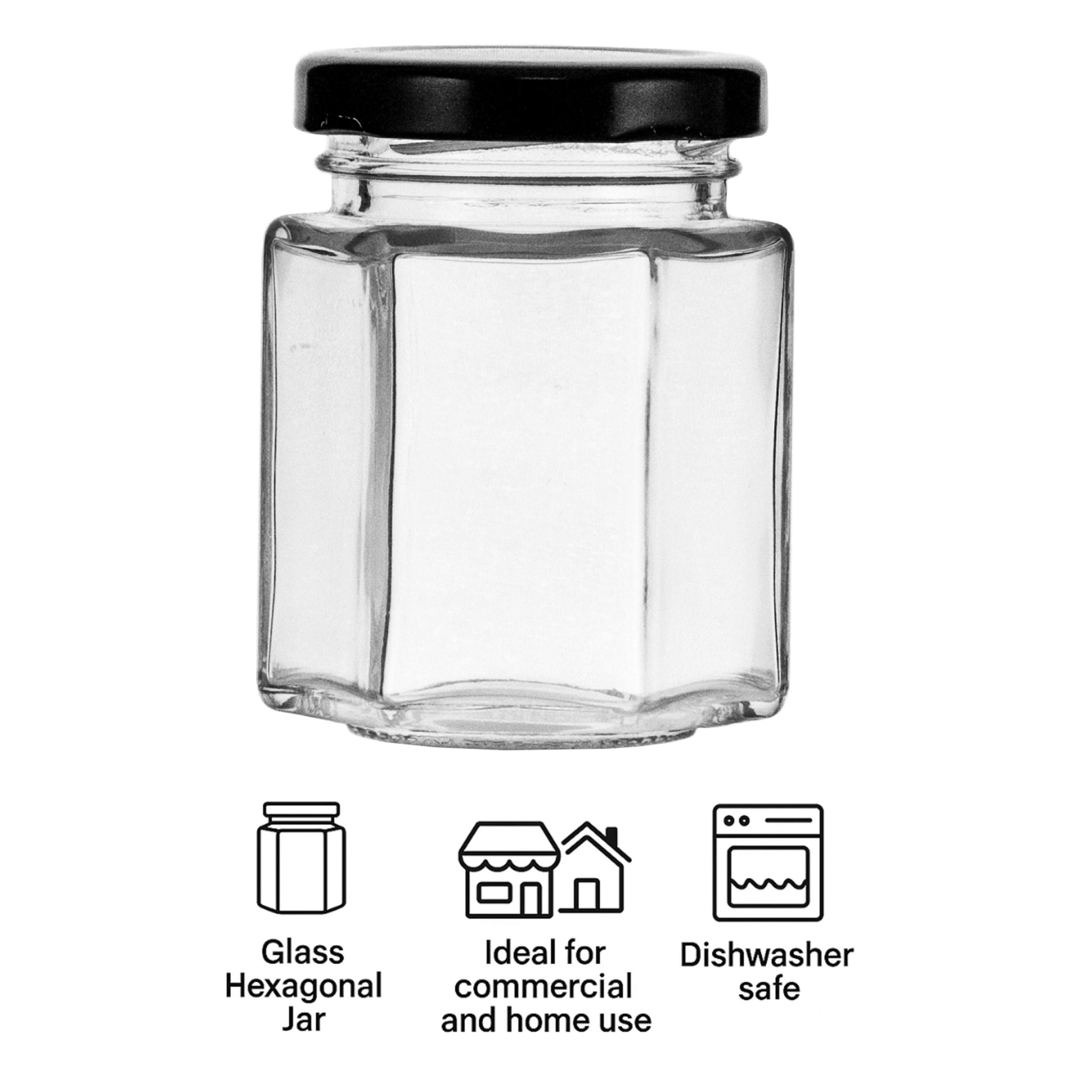 REGENT GLASS HEXAGONAL JARS WITH BLACK LIDS 12PK, 85ML
