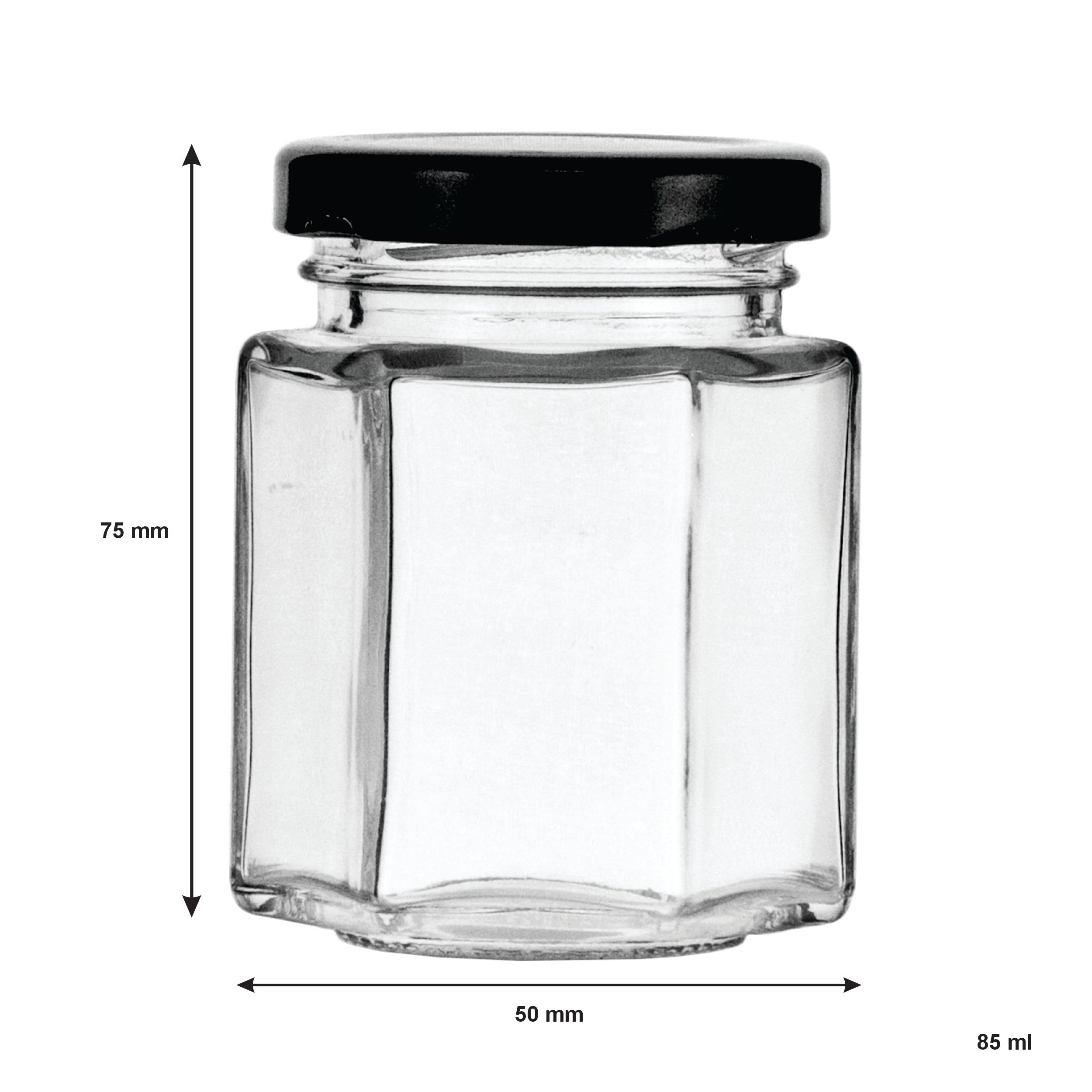 REGENT GLASS HEXAGONAL JARS WITH BLACK LIDS 12PK, 85ML