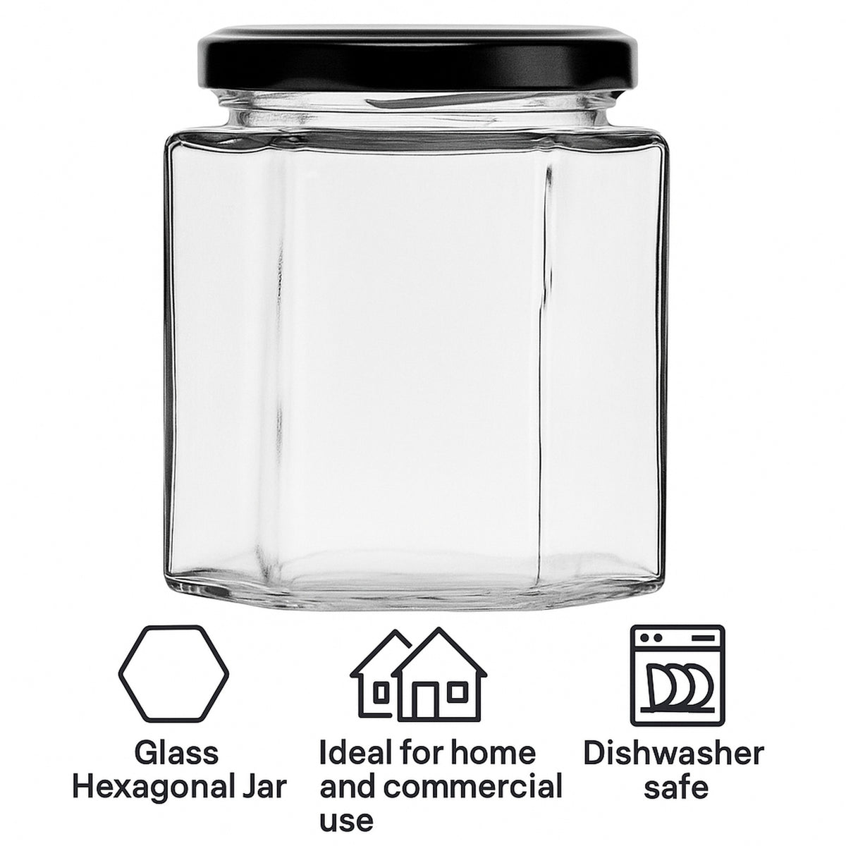REGENT GLASS HEXAGONAL JARS WITH BLACK LIDS 6PK, 280ML