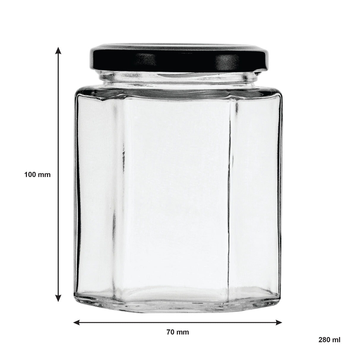 REGENT GLASS HEXAGONAL JARS WITH BLACK LIDS 6PK, 280ML