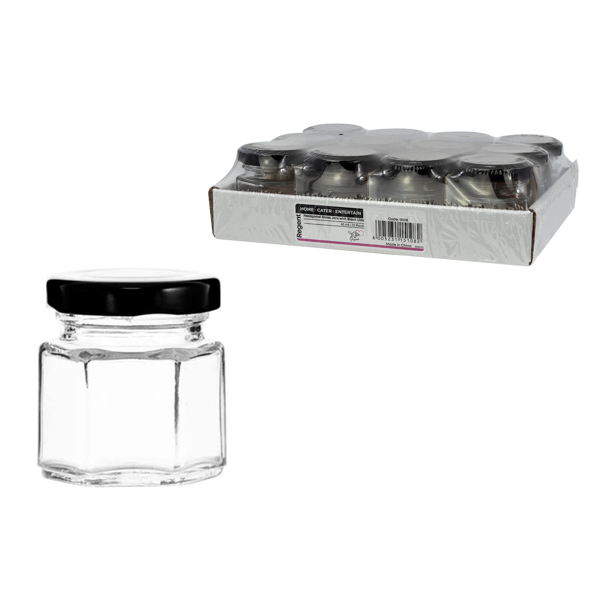 REGENT GLASS HEXAGONAL JARS WITH BLACK LIDS 12PK, 45ML