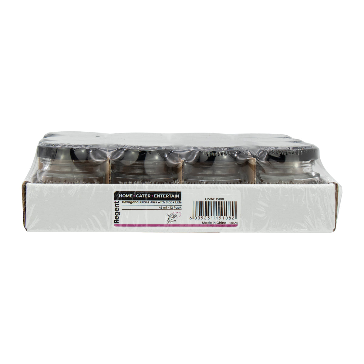 REGENT GLASS HEXAGONAL JARS WITH BLACK LIDS 12PK, 45ML