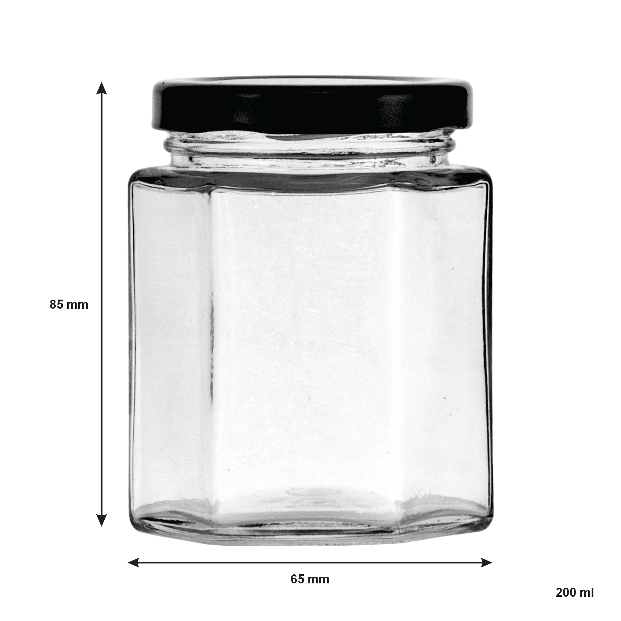 REGENT GLASS HEXAGONAL JARS WITH BLACK LIDS 6PK, 200ML